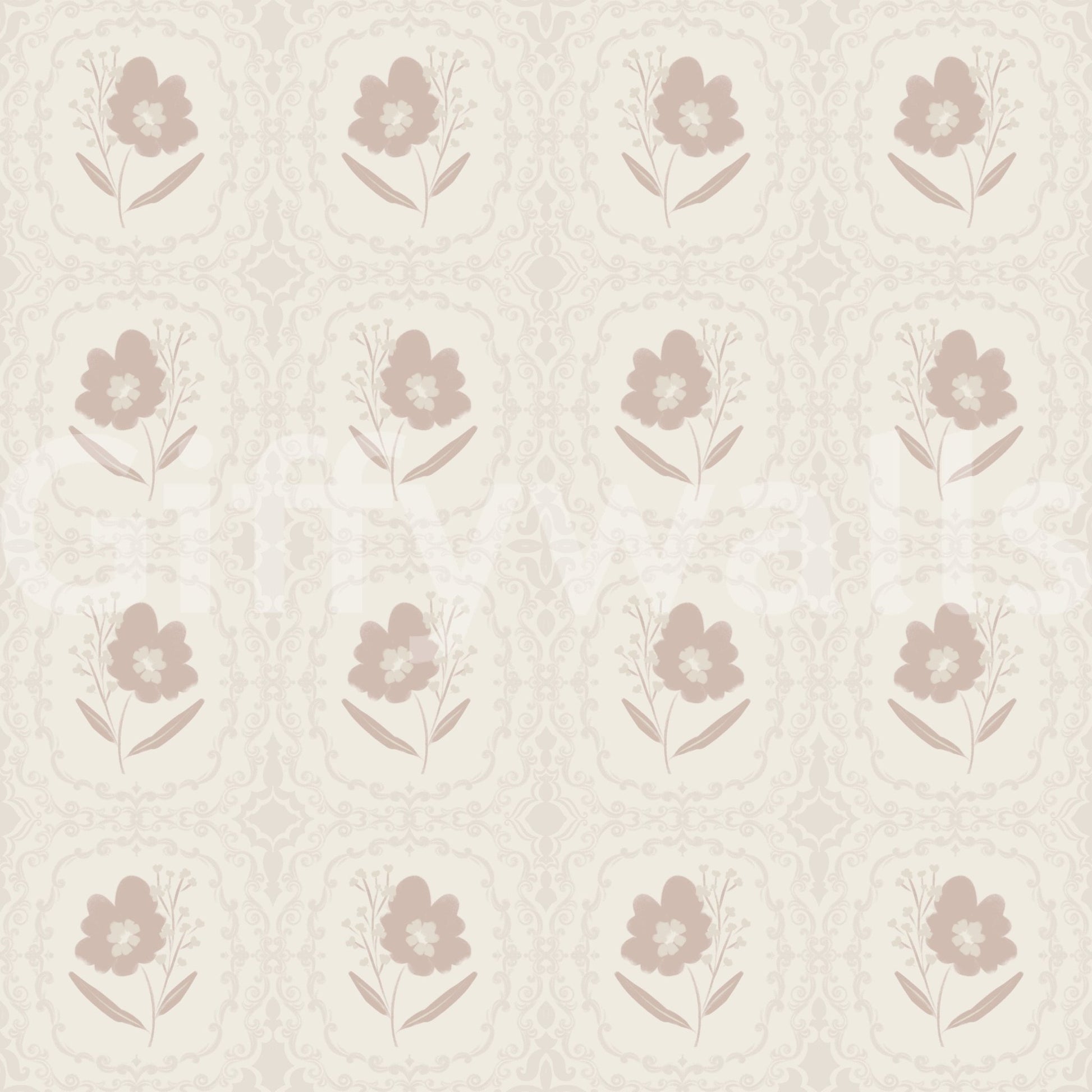 A warm, understated wallpaper featuring tiny floral emblems in a repeated grid.