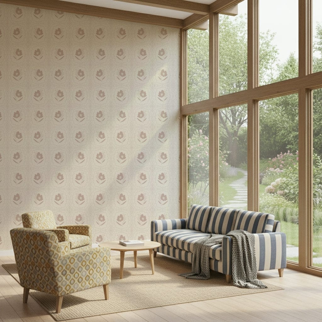 A minimalist floral wallpaper with tiny muted blossoms creating a calm, elegant look.