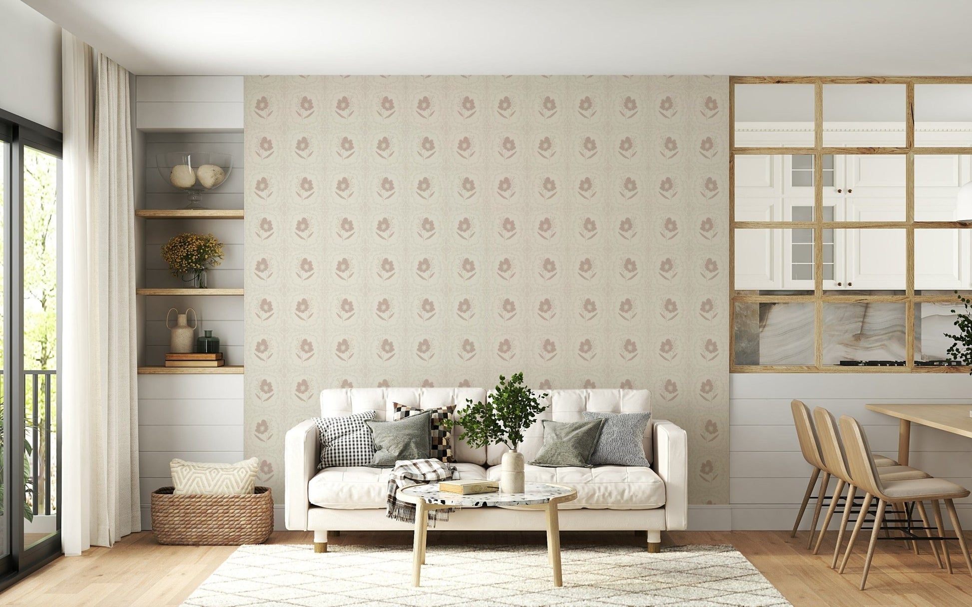 Beige floral silhouettes forming a soft, understated wallpaper pattern.