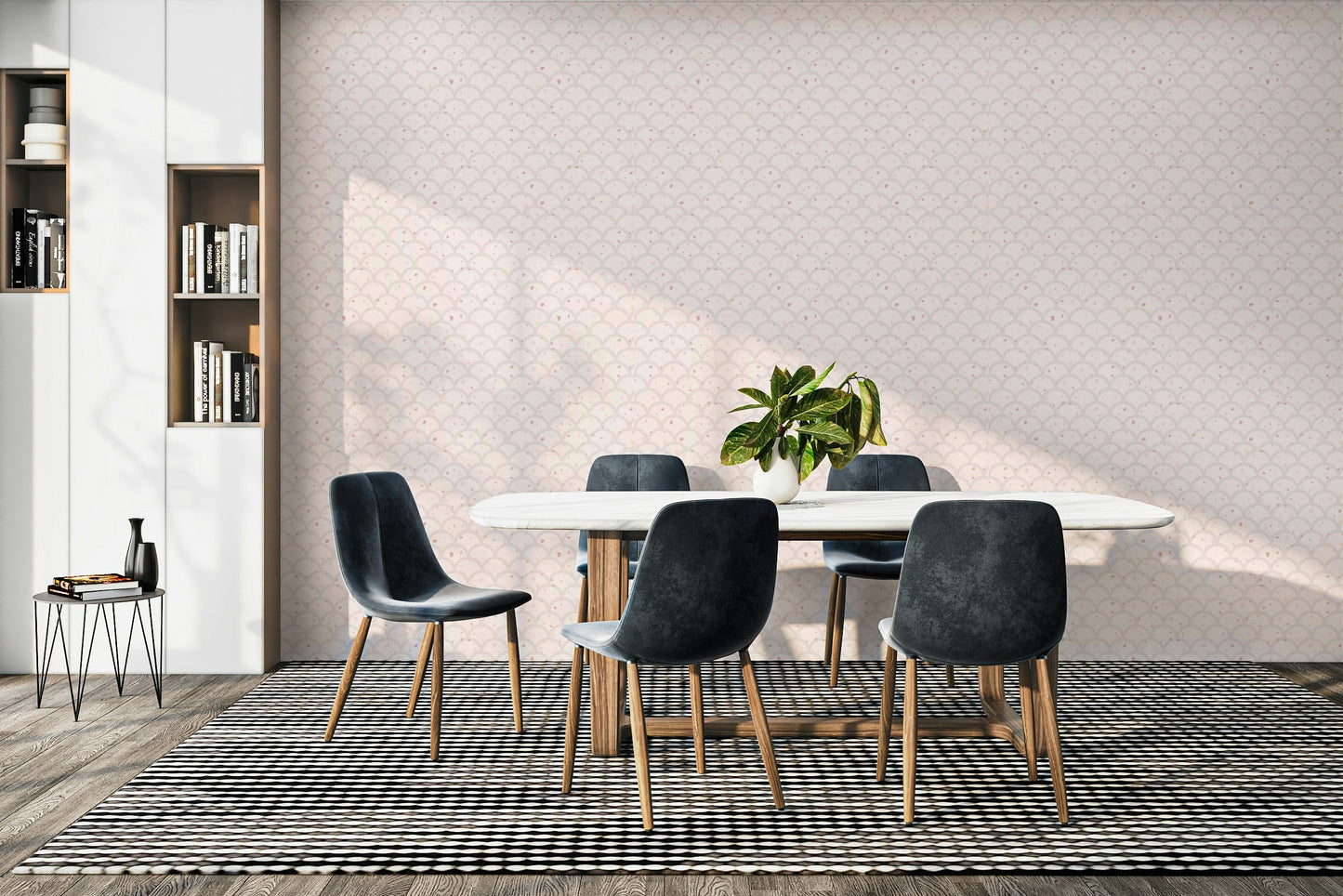 Elegant gray scallop scales used as a feature wall in a bright contemporary living room.
