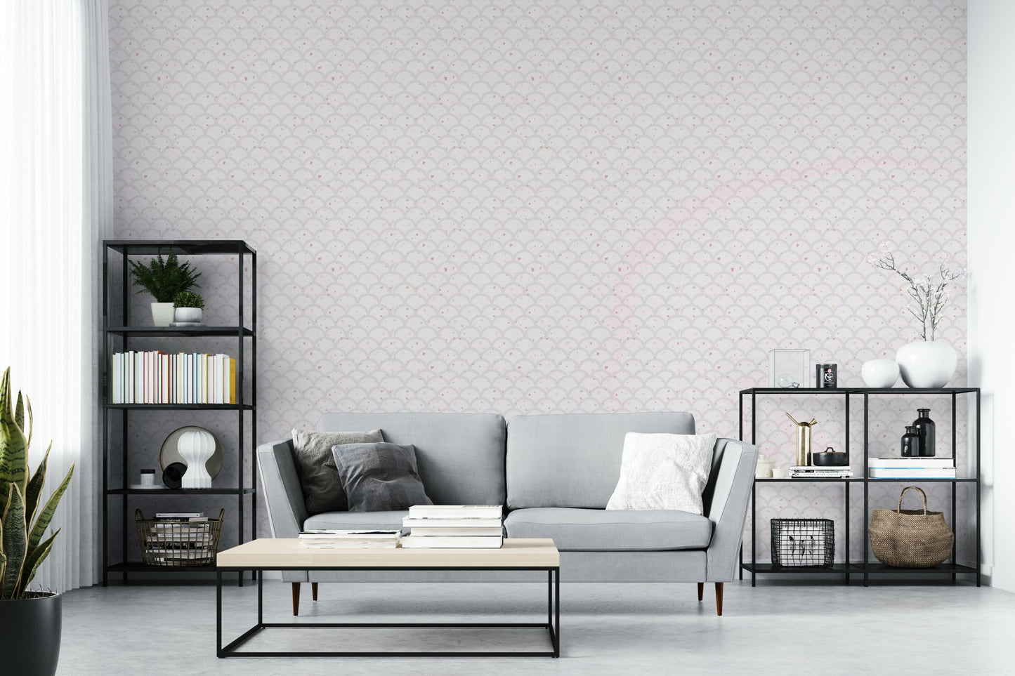 Minimalist art deco wall decor featuring a repeating cream shell pattern in a bedroom.