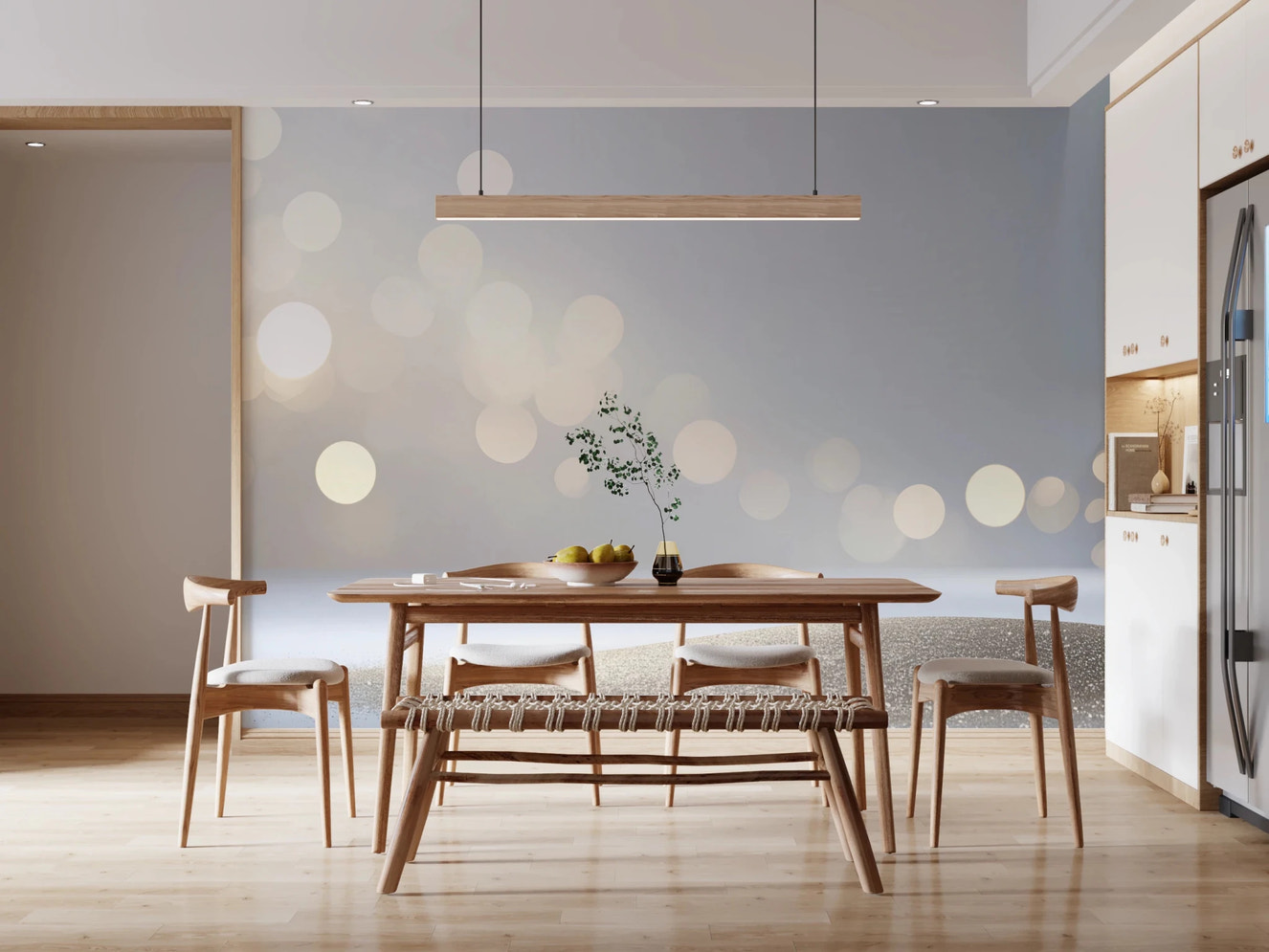 Subtle Sparkle Wall Mural with soft gold glimmers on a light gray background.