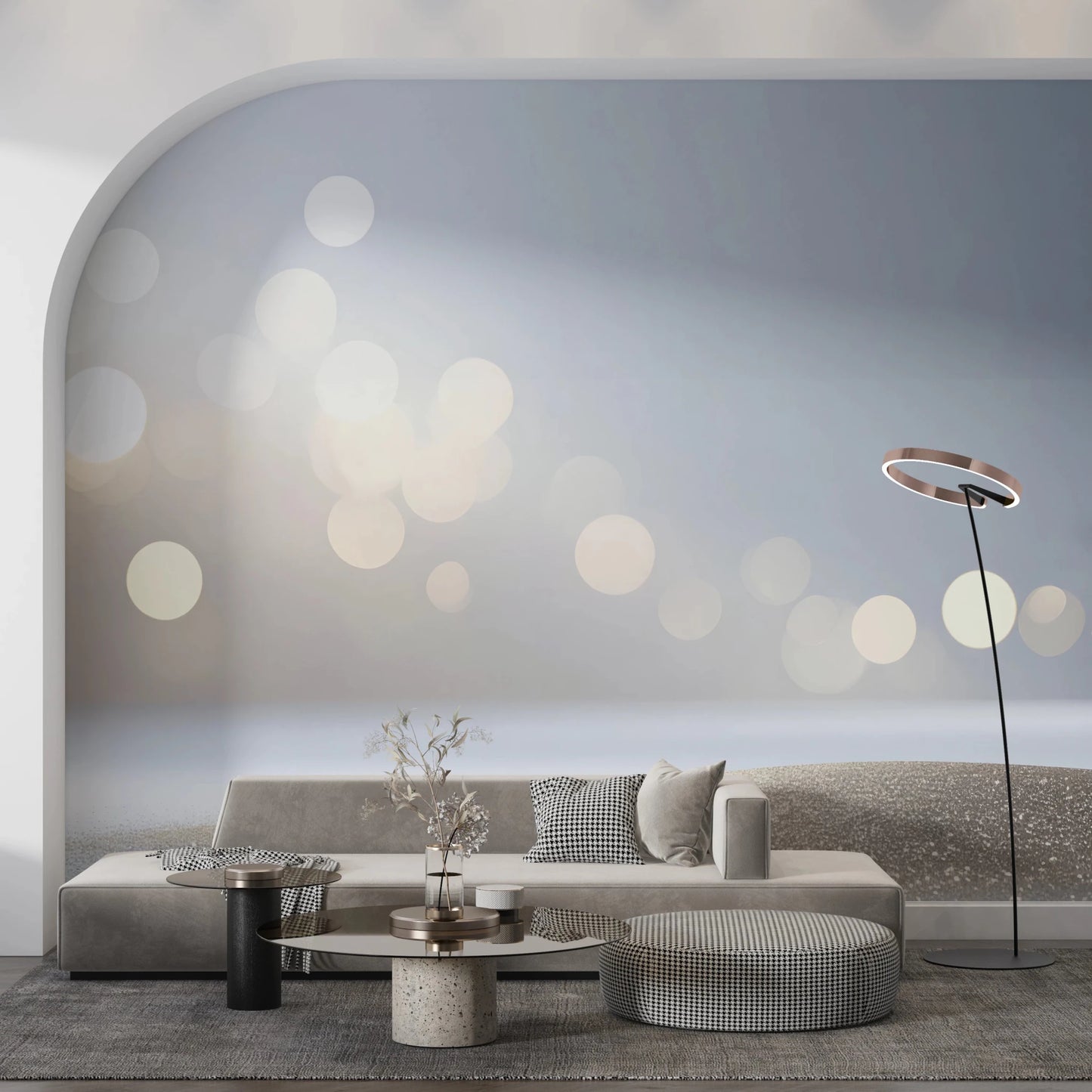 Light reflecting off a Subtle Sparkle Wall Mural for living room wall with neutral, soft colors.