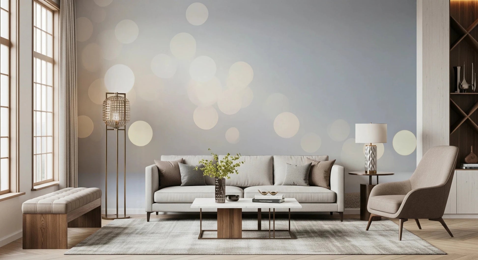 Minimalist Subtle Sparkle Wall Mural with gentle gold and grey gradients.
