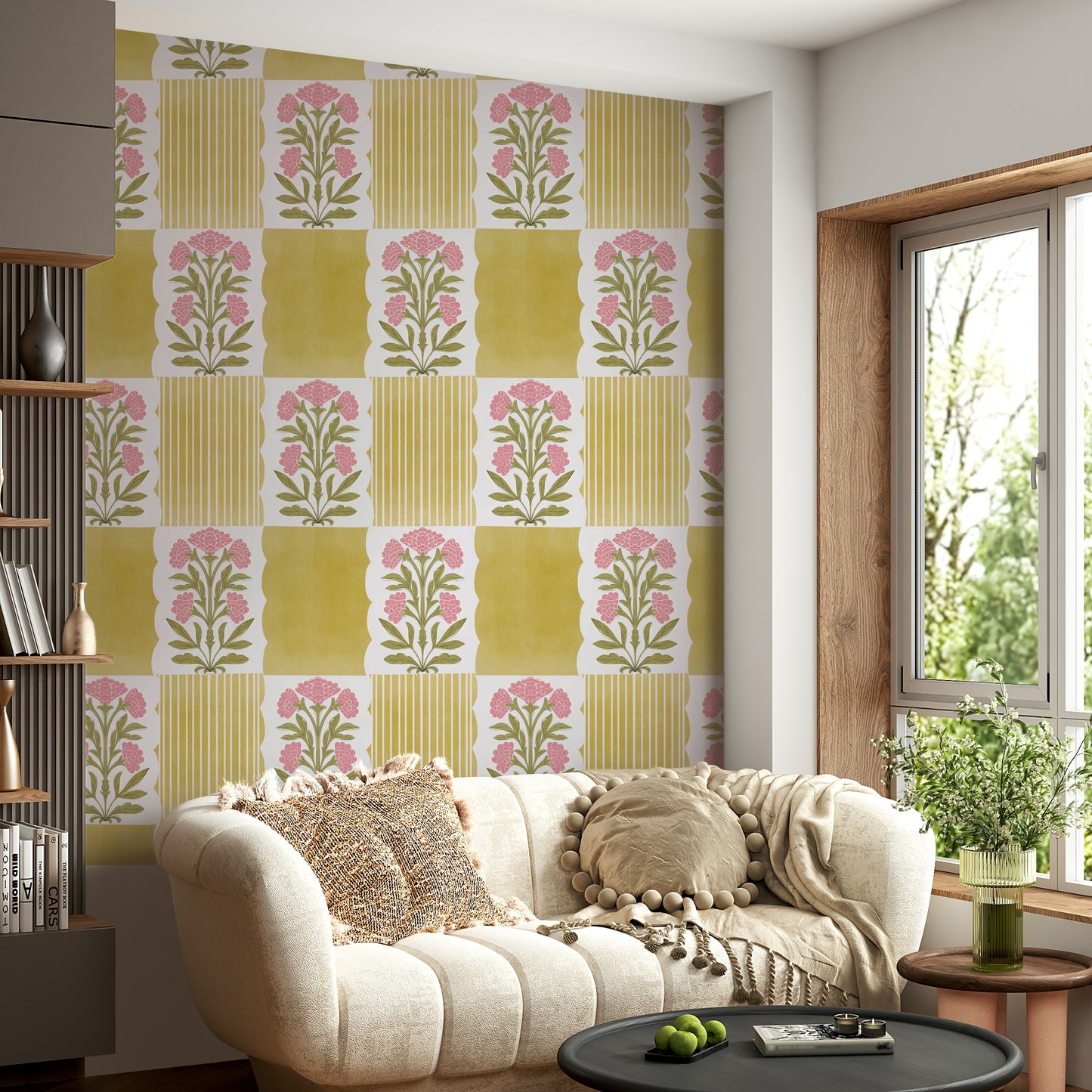 Calm wallpaper design with floral stripe mix

