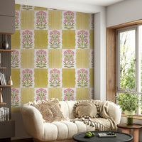 Calm wallpaper design with floral stripe mix

