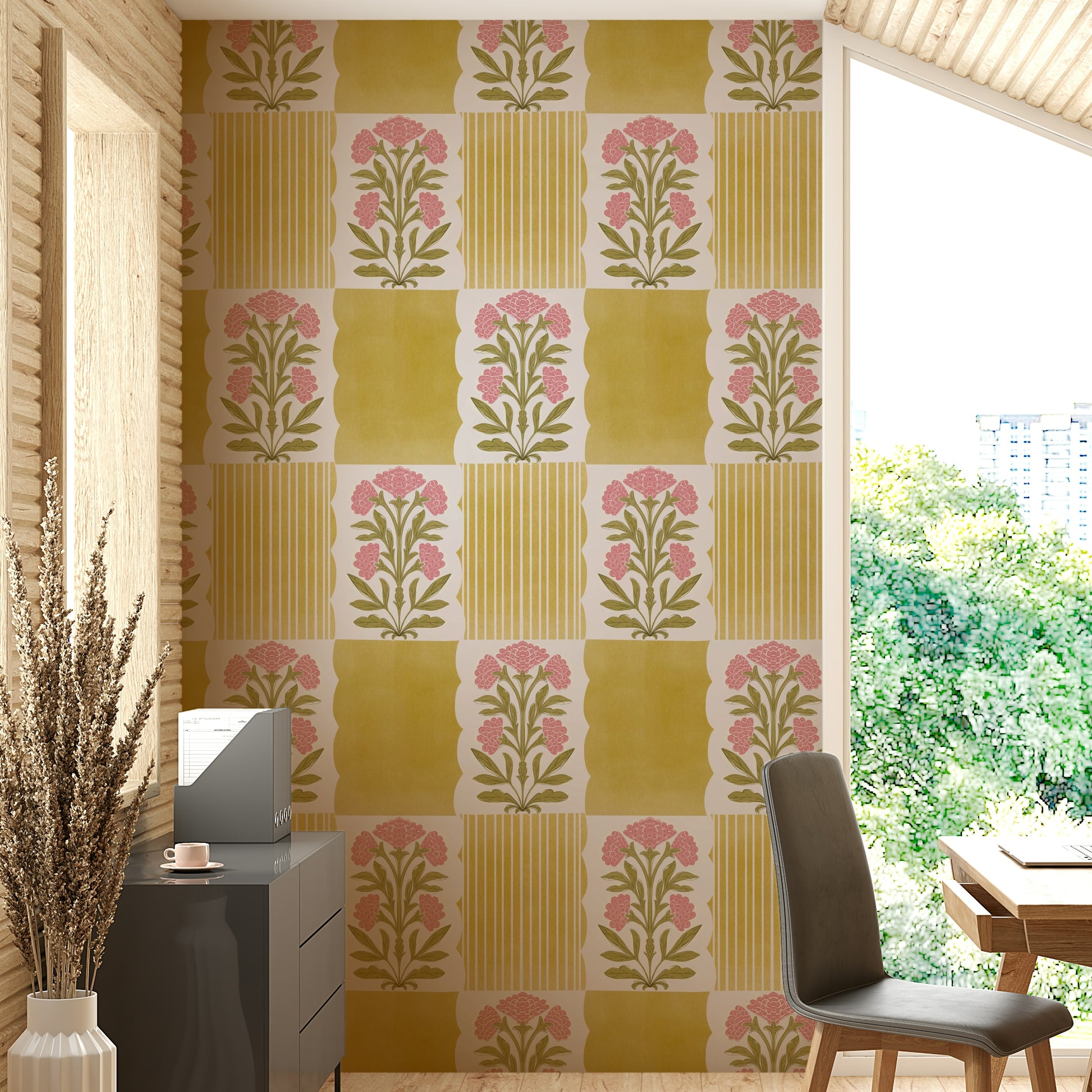 Wallpaper with gentle stripes and flower prints

