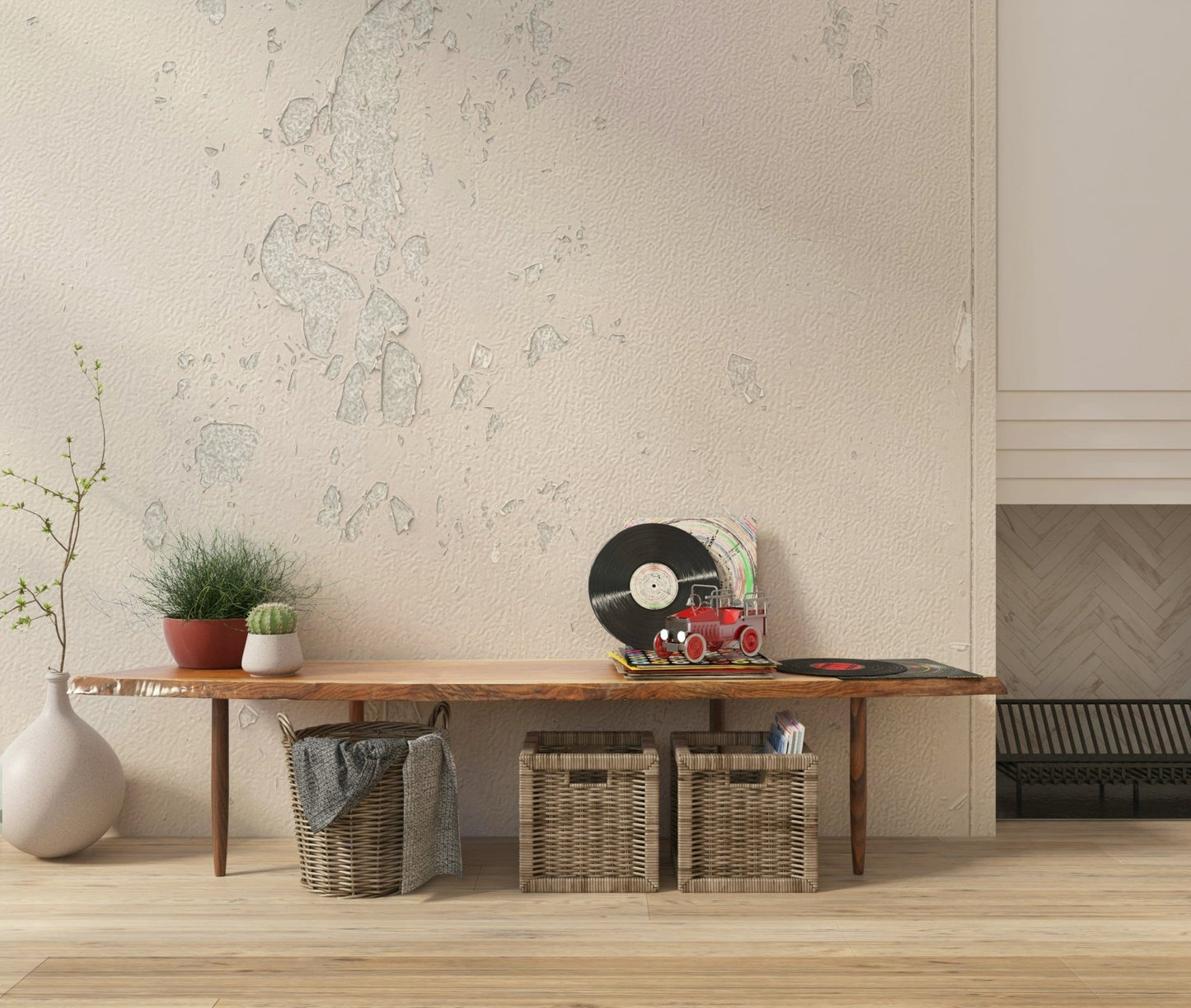 Subtle Texture wallpaper mural in cream plaster behind a wood bench with vinyl records and woven baskets