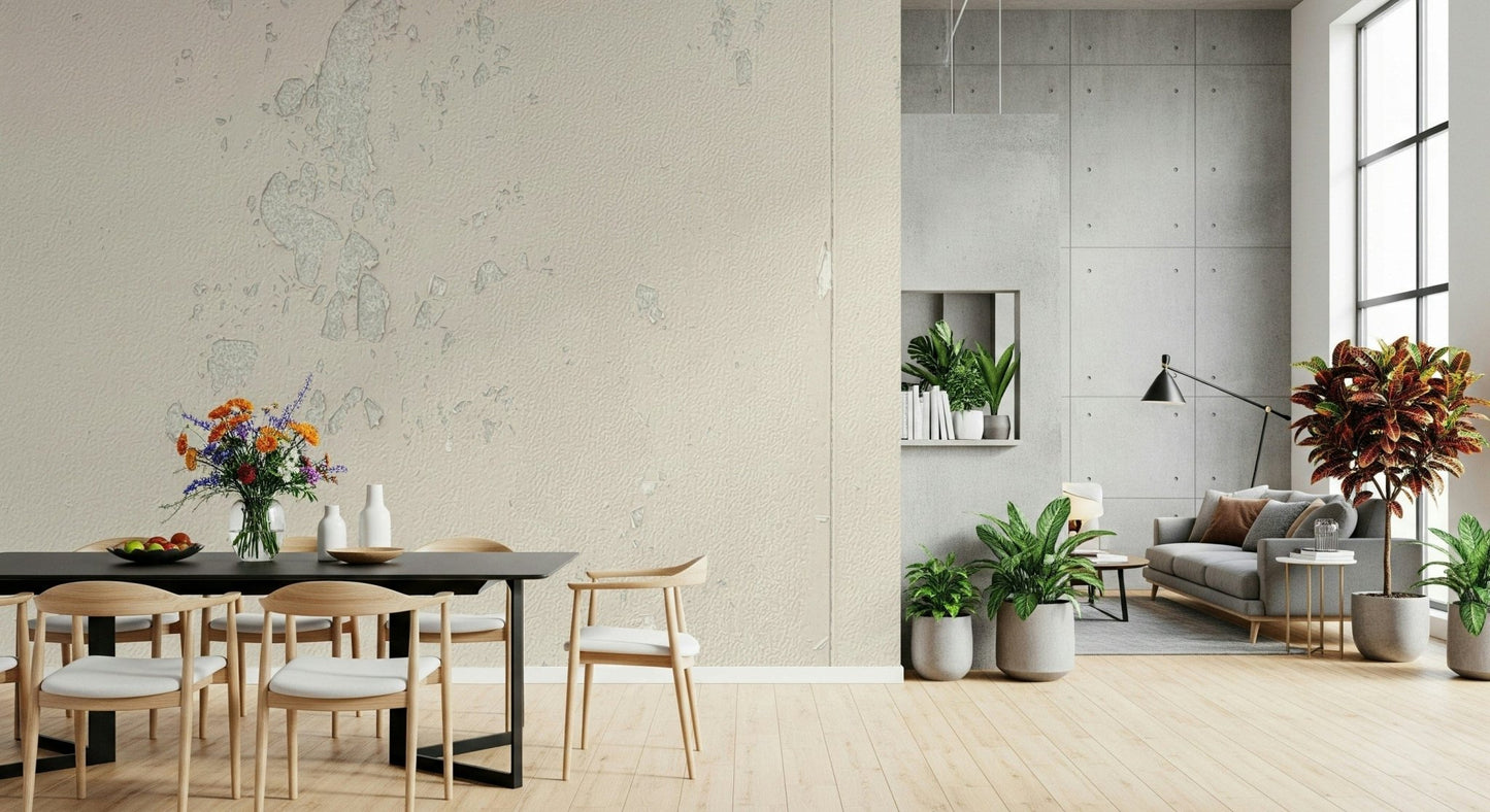 Subtle Texture wallpaper mural in cream plaster behind a black dining table in a plant-filled loft