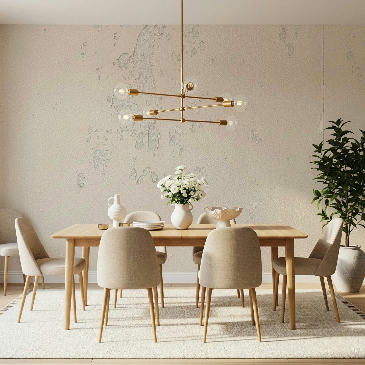 Subtle Texture wallpaper mural in cream plaster behind a wood dining table and brass linear chandelier