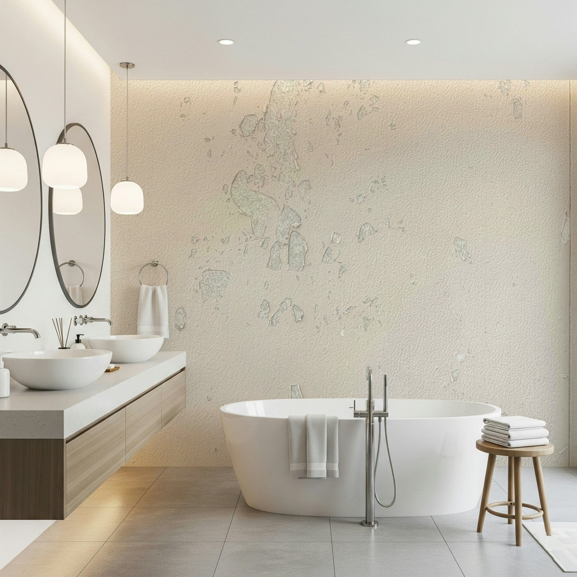 Subtle Texture wallpaper mural in soft cream plaster behind a white freestanding tub and double-sink vanity
