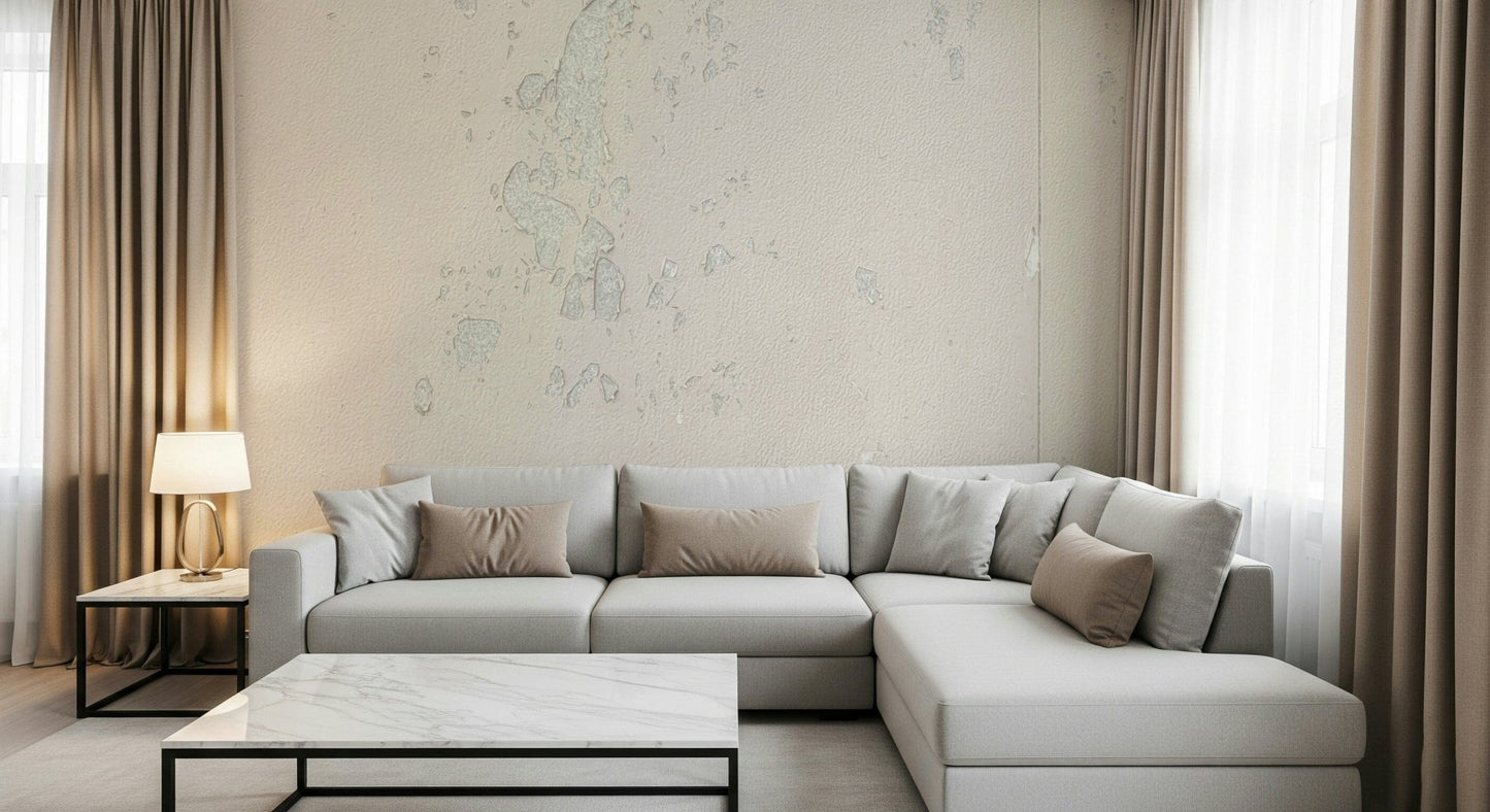 Subtle Texture wallpaper mural in cream plaster behind a light gray sectional and marble coffee table