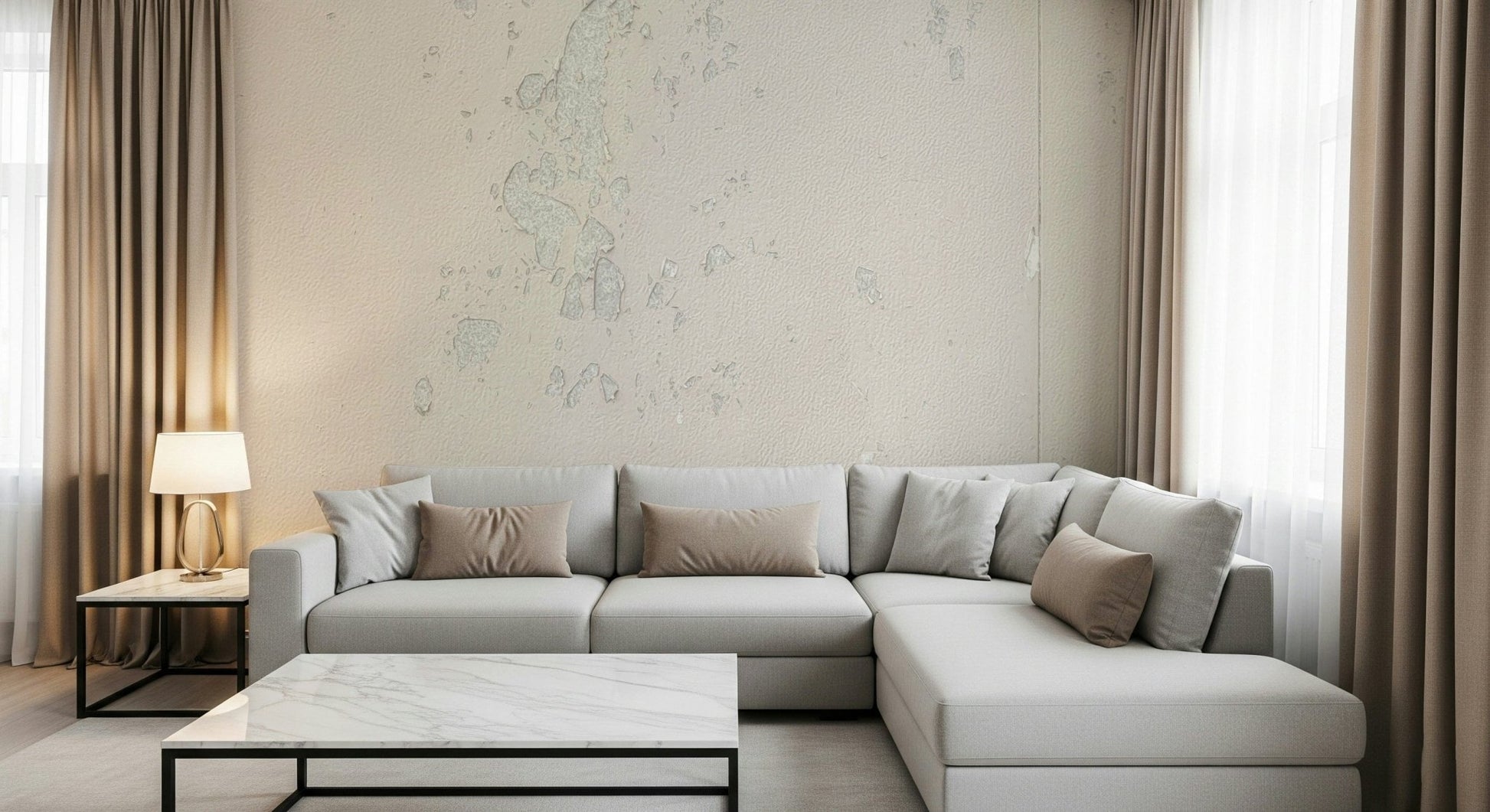 Subtle Texture wallpaper mural in cream plaster behind a light gray sectional and marble coffee table