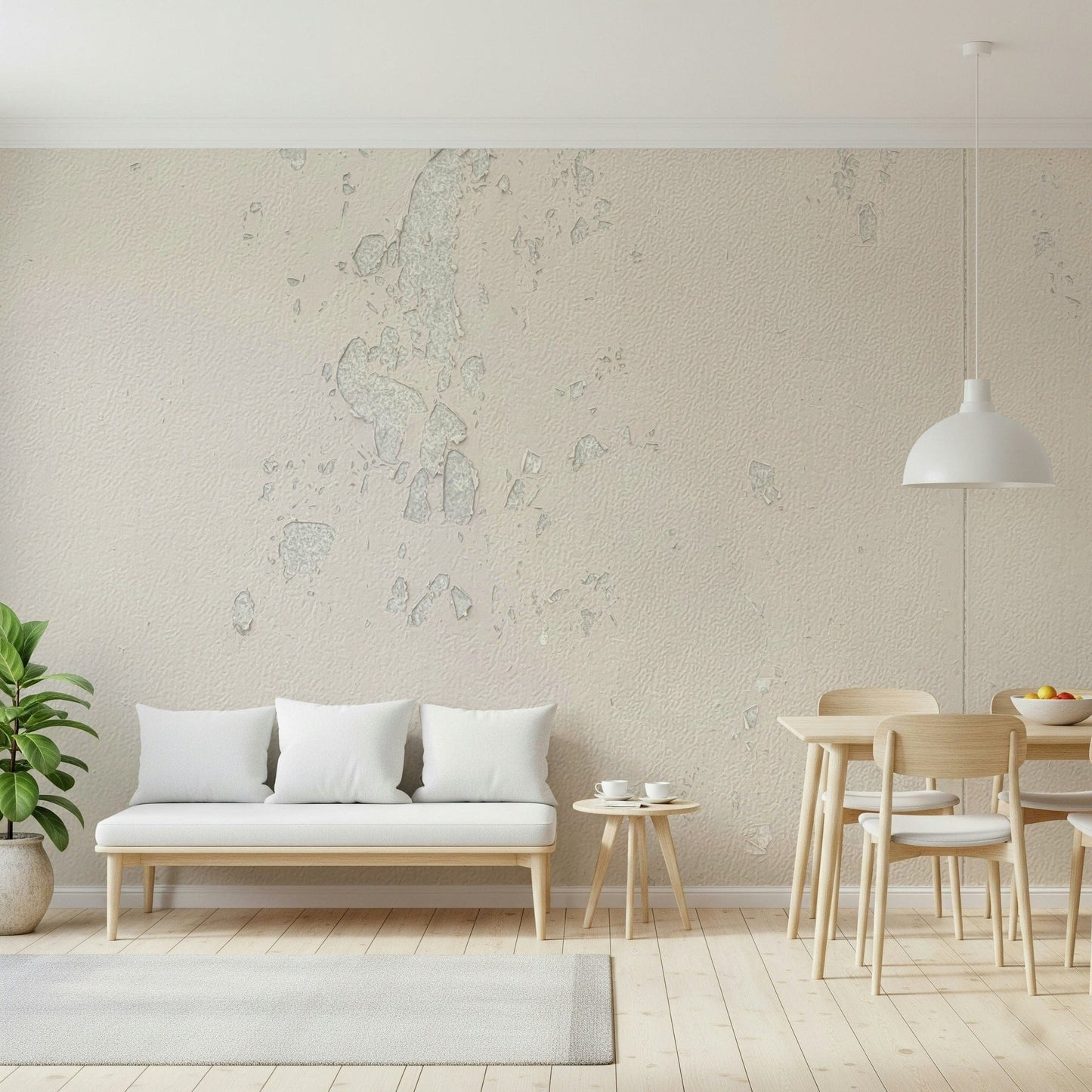 Subtle Texture wallpaper mural in cream plaster behind a white bench sofa and wood dining set