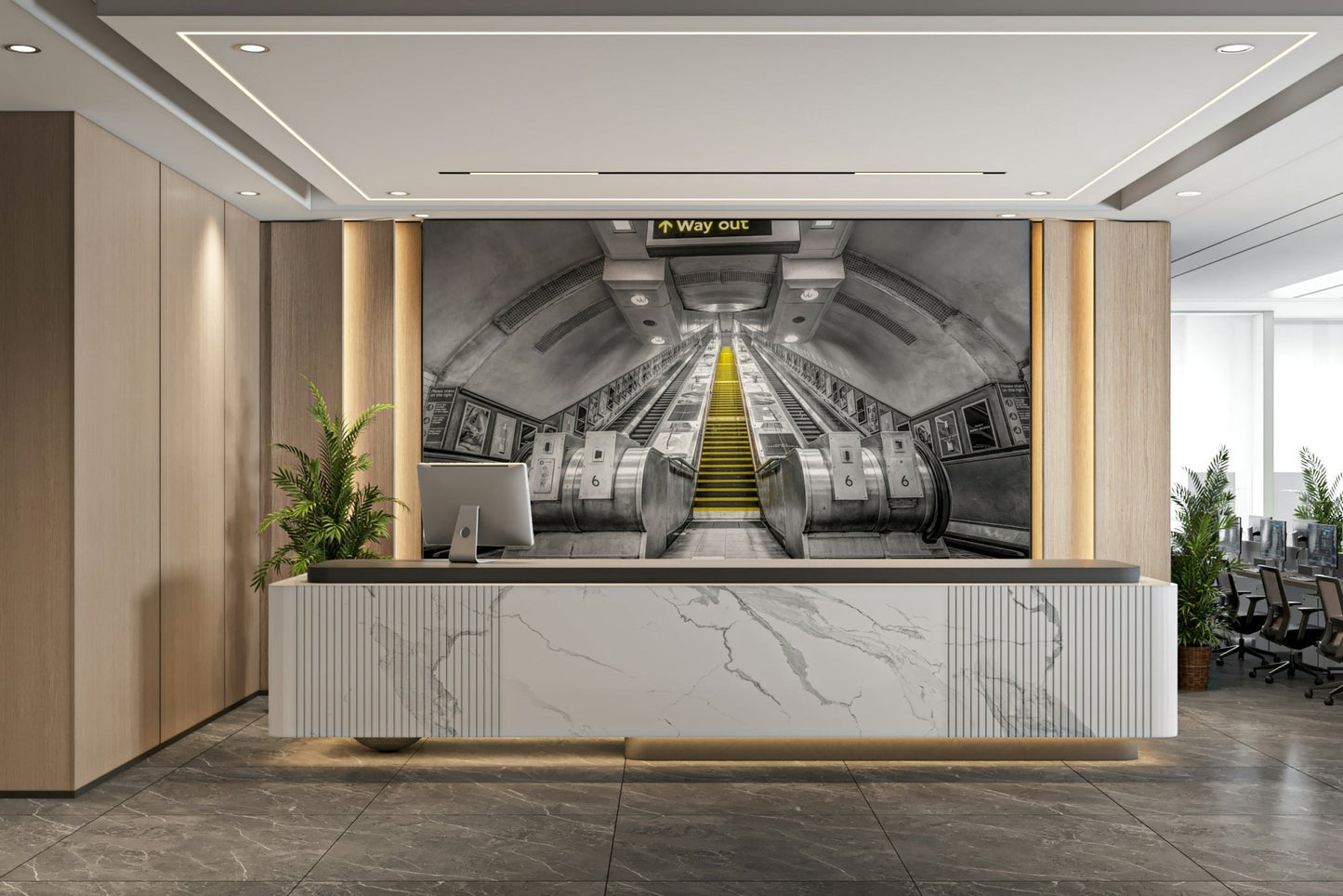 Modern subway escalator mural adding urban flair

