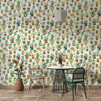 Fresh and organic wallpaper with colorful succulents in home pots.

