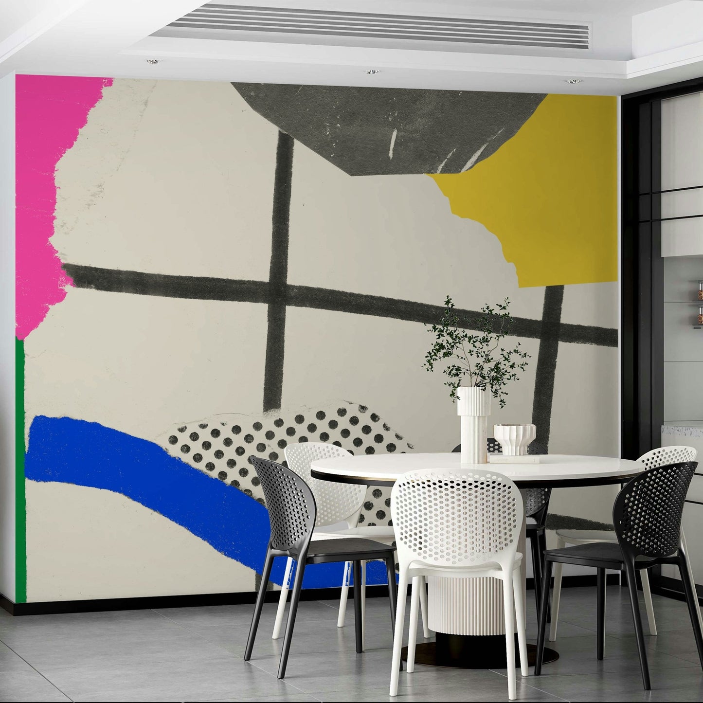 Lively summer-themed collage wallpaper creating a bright, welcoming space

