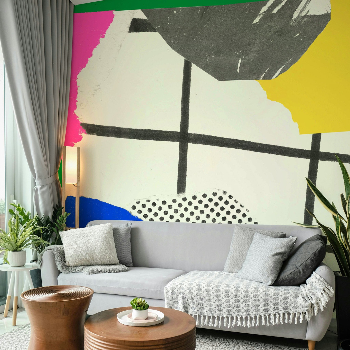 Bright summer-themed collage wall mural with vibrant colors

