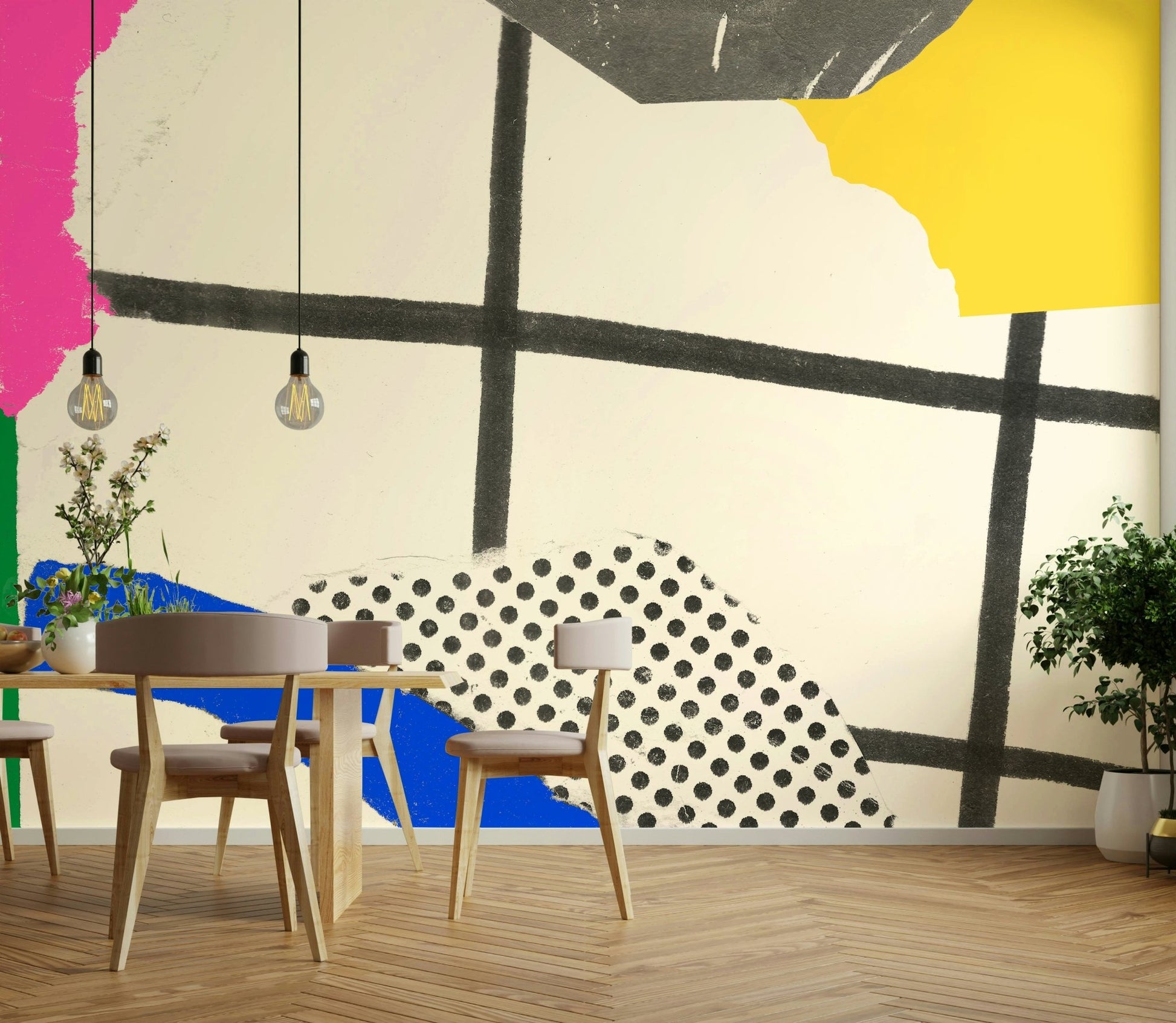 Vibrant summer collage mural with fruit, flowers, and landscapes

