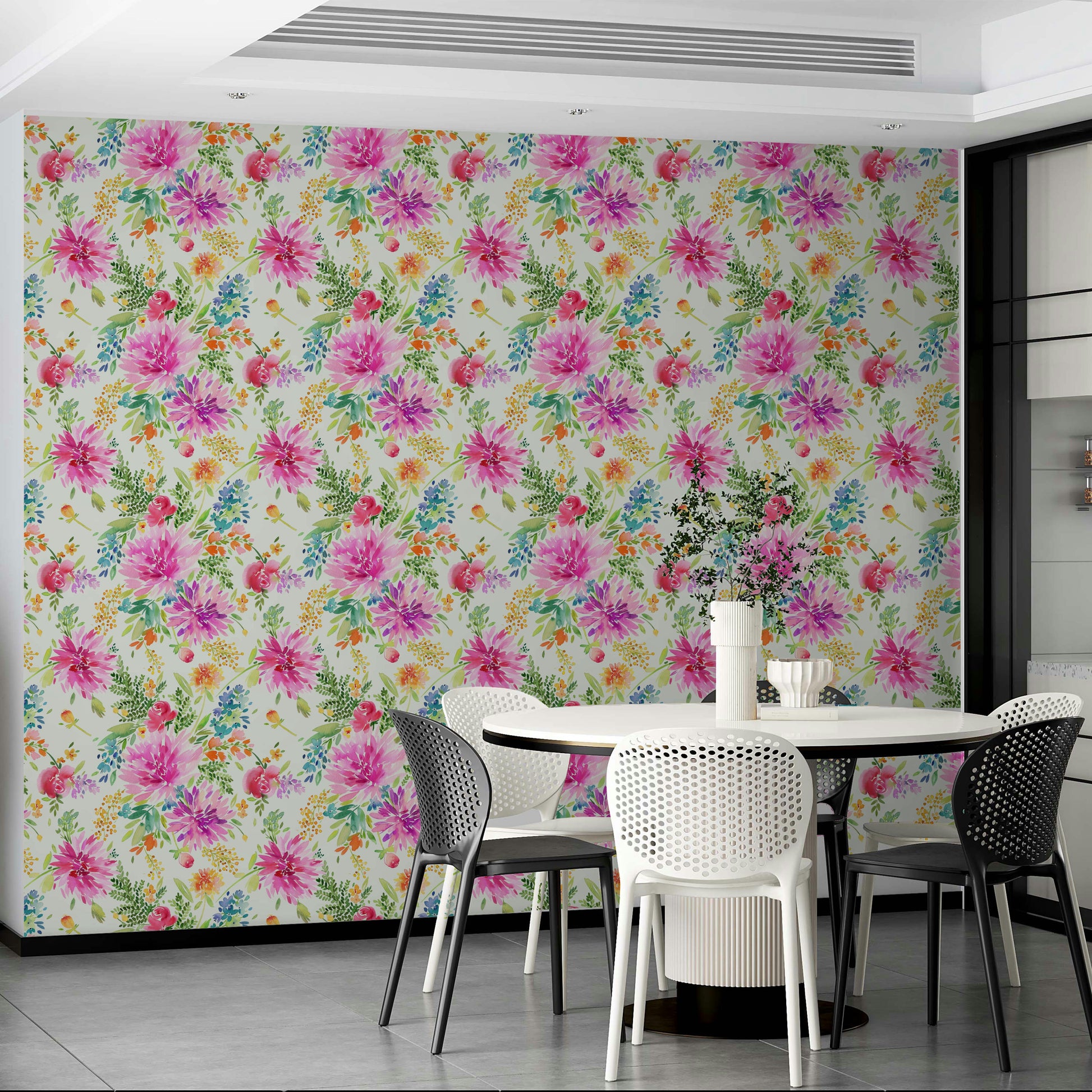 Blooming dahlia flowers on stylish wallpaper

