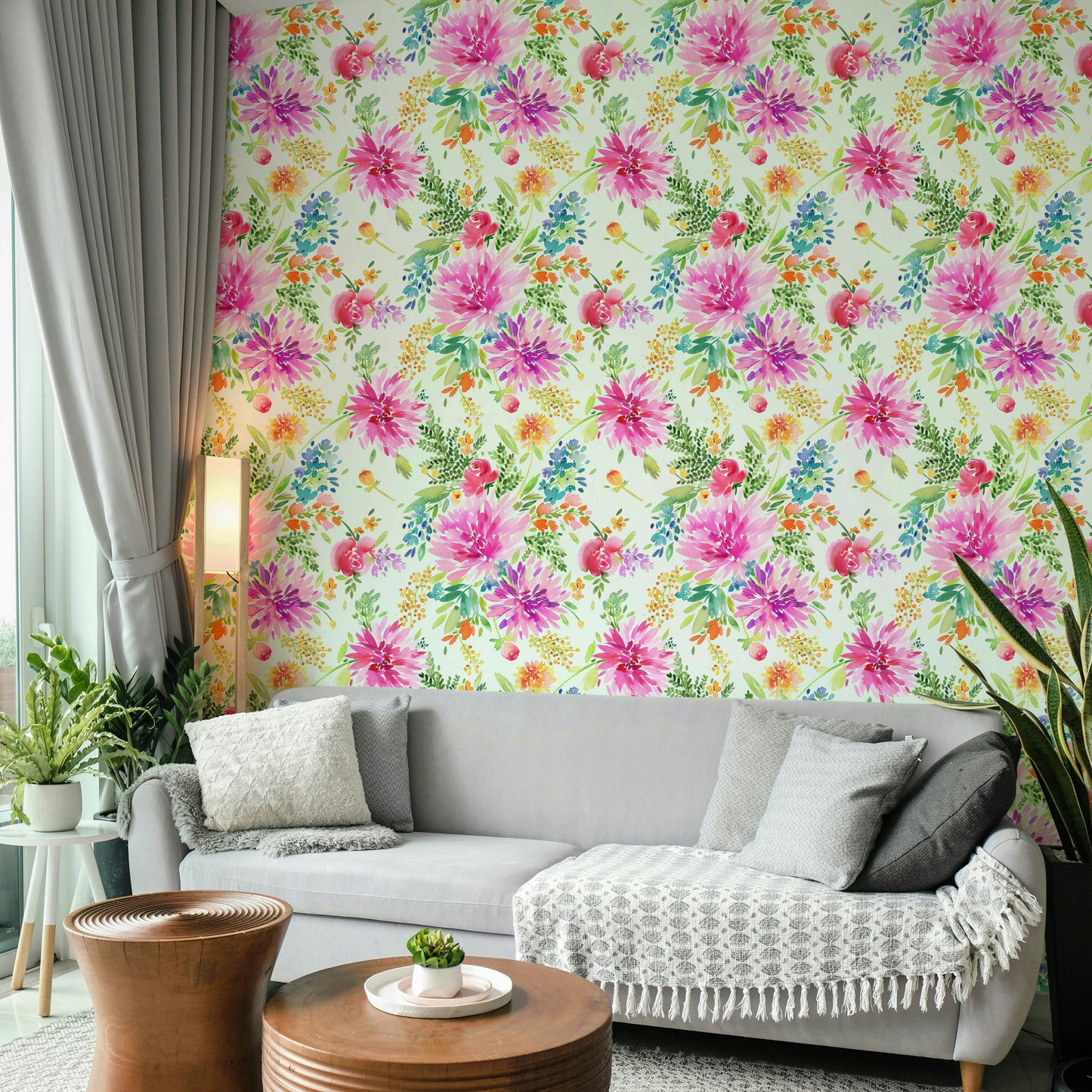 Bold floral dahlia wallpaper in mixed colors

