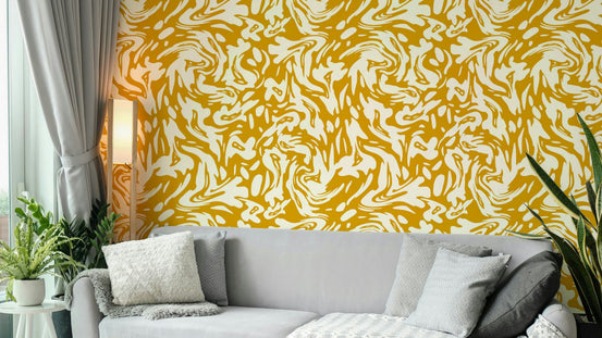 Close-up of a warm, swirling pattern on a mural


