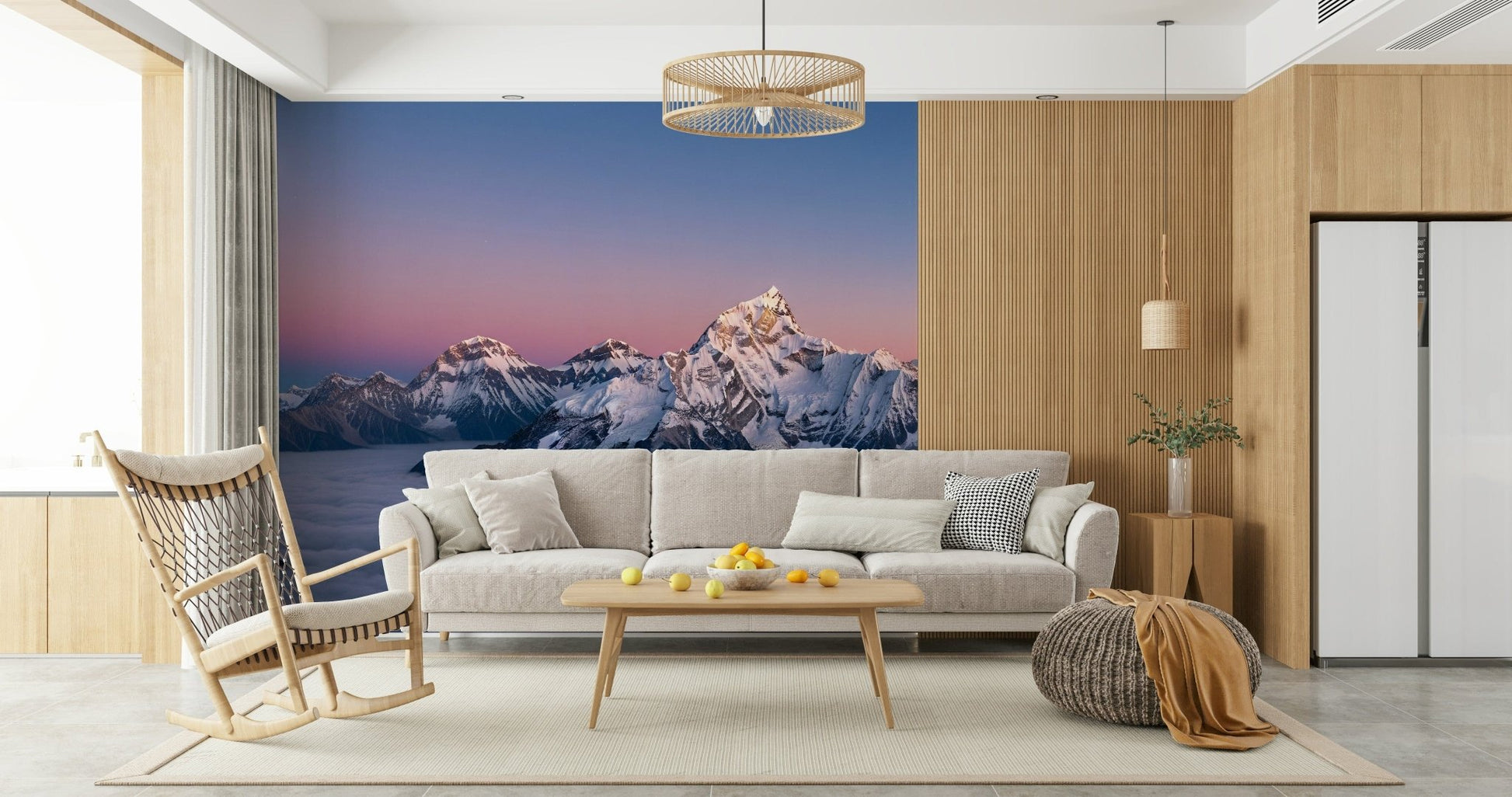 Soft mountain scenery for coastal home styling in a bright bedroom.