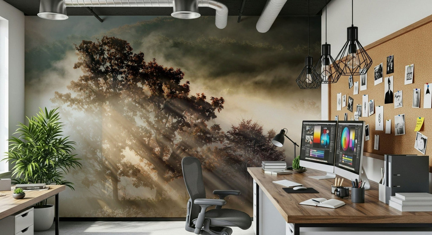Wall mural, divine light, copper leaves, thick fog, peaceful woods.