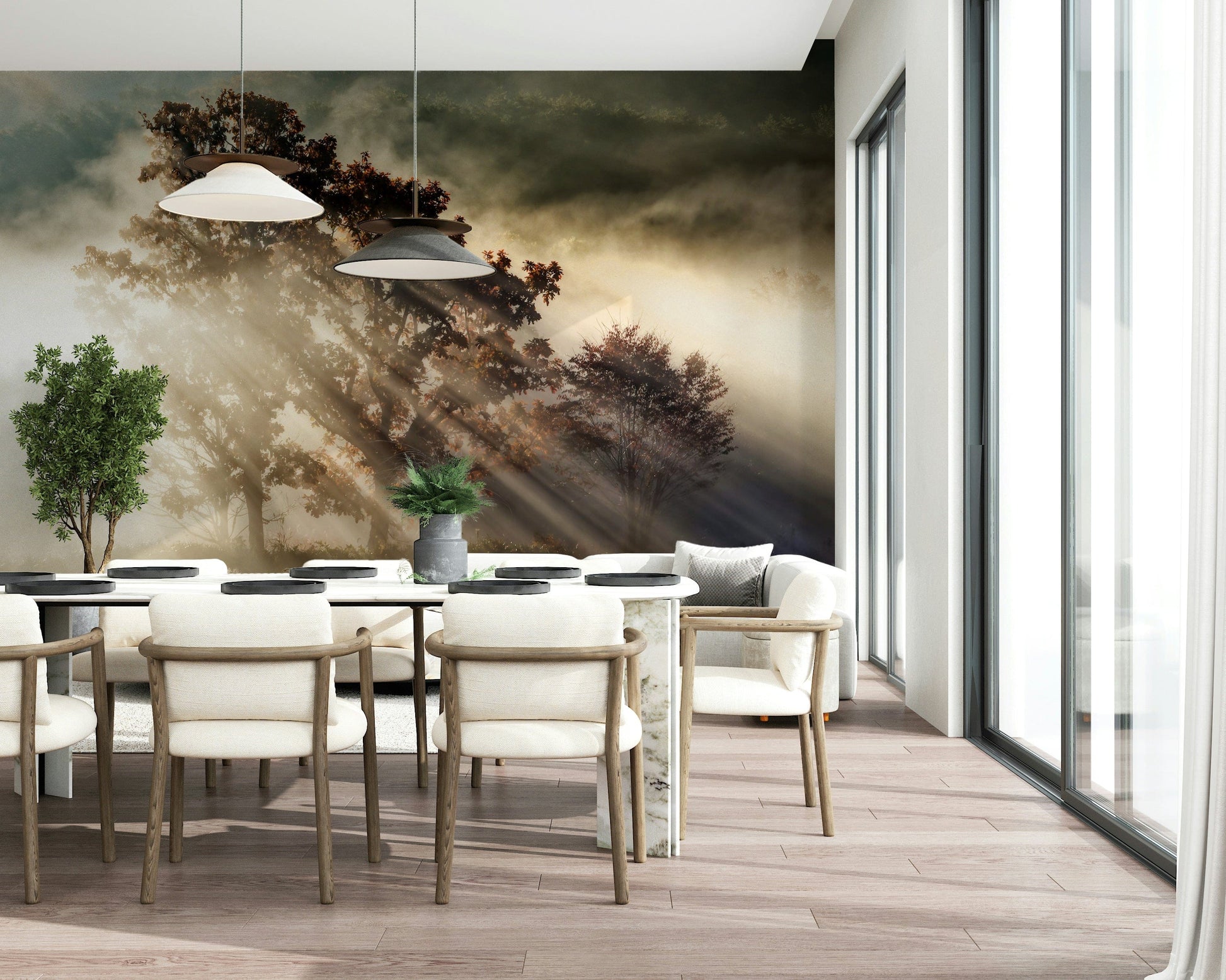 Beautiful forest wall mural, streaks of light, damp ground, custom print.