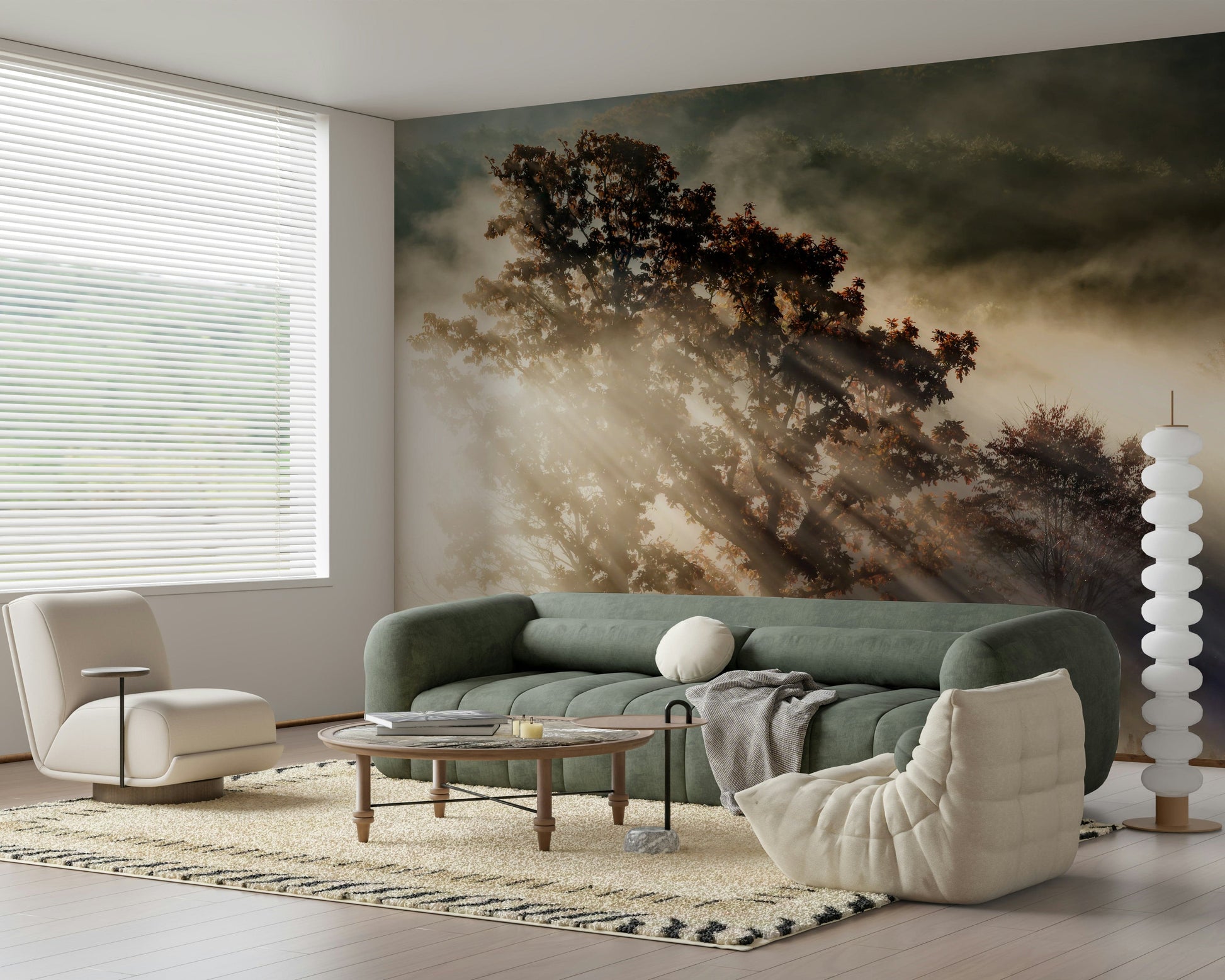 Sunbeam Woodland artwork, ethereal forest, positive feeling, great wall.