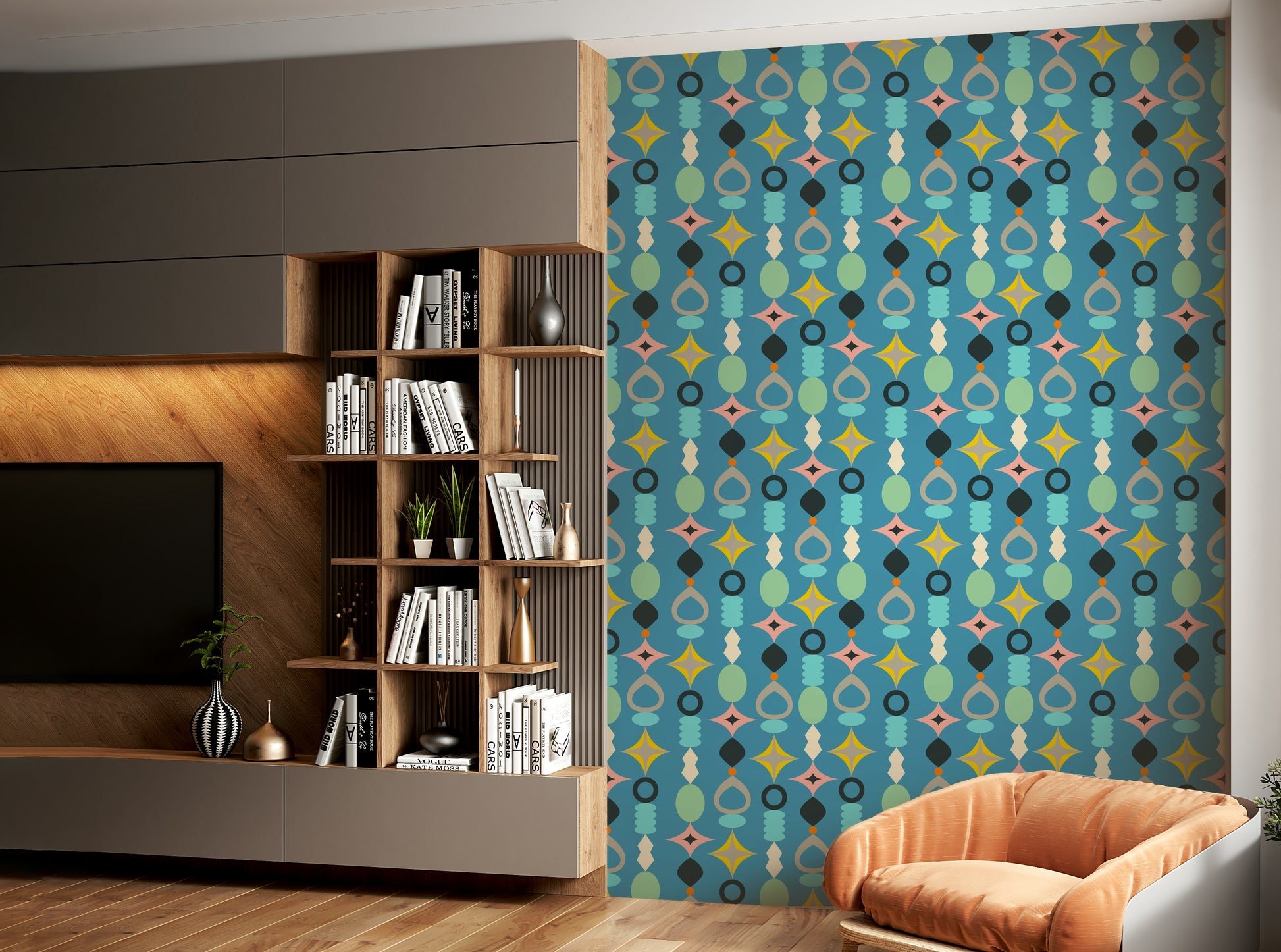 Retro abstract wallpaper with circles, squares, and dynamic shapes.

