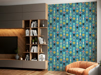 Retro abstract wallpaper with circles, squares, and dynamic shapes.

