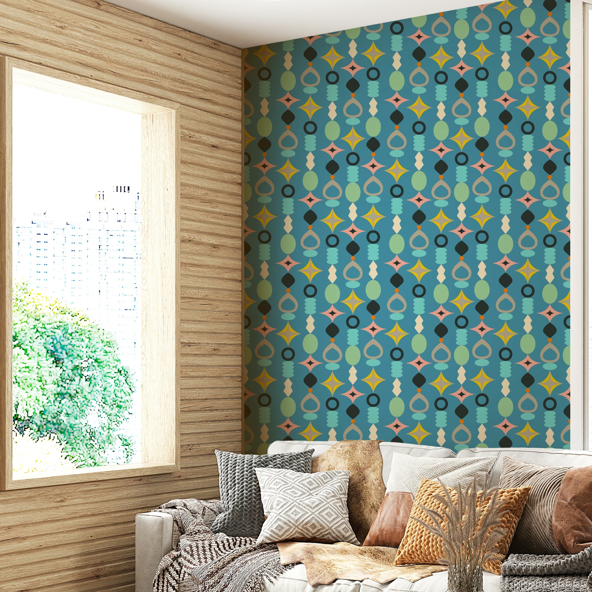 Wallpaper featuring vibrant abstract shapes in retro colors on a blue background.

