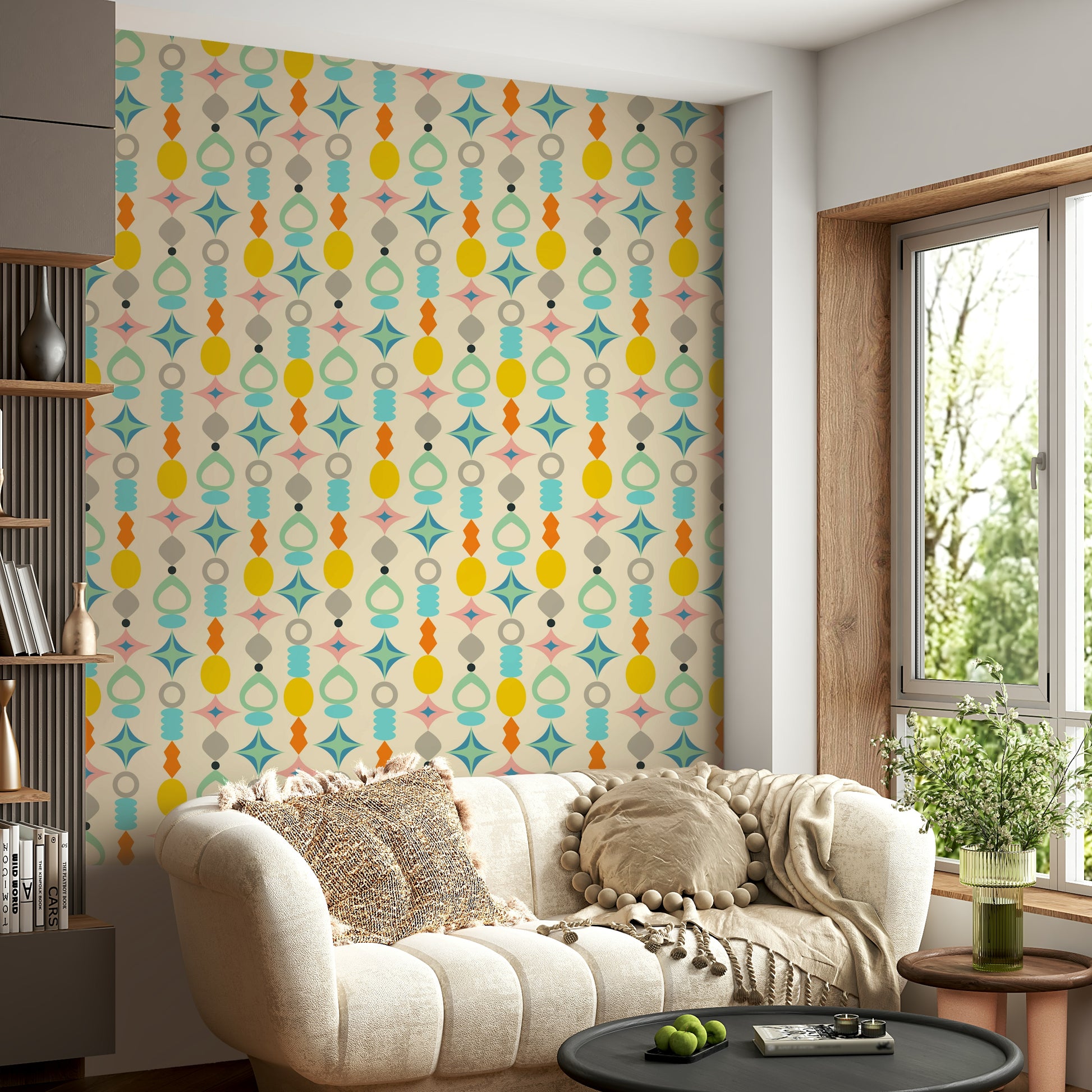 Wallpaper featuring retro circles, squares, and triangles on a soft cream background.

