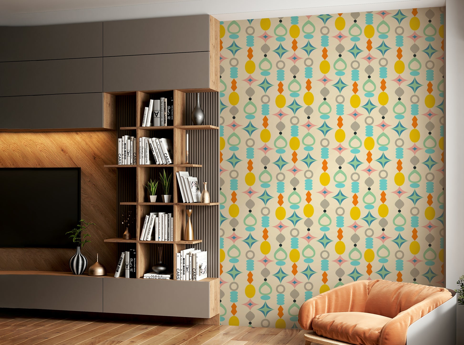 Abstract geometric pattern with bold hues set against a cream backdrop.


