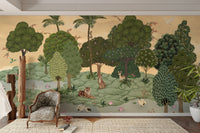 Serene forest scene with friendly animals

