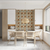 Decorative sunflower wallpaper featuring repeating blooms with textured petals and leaves.