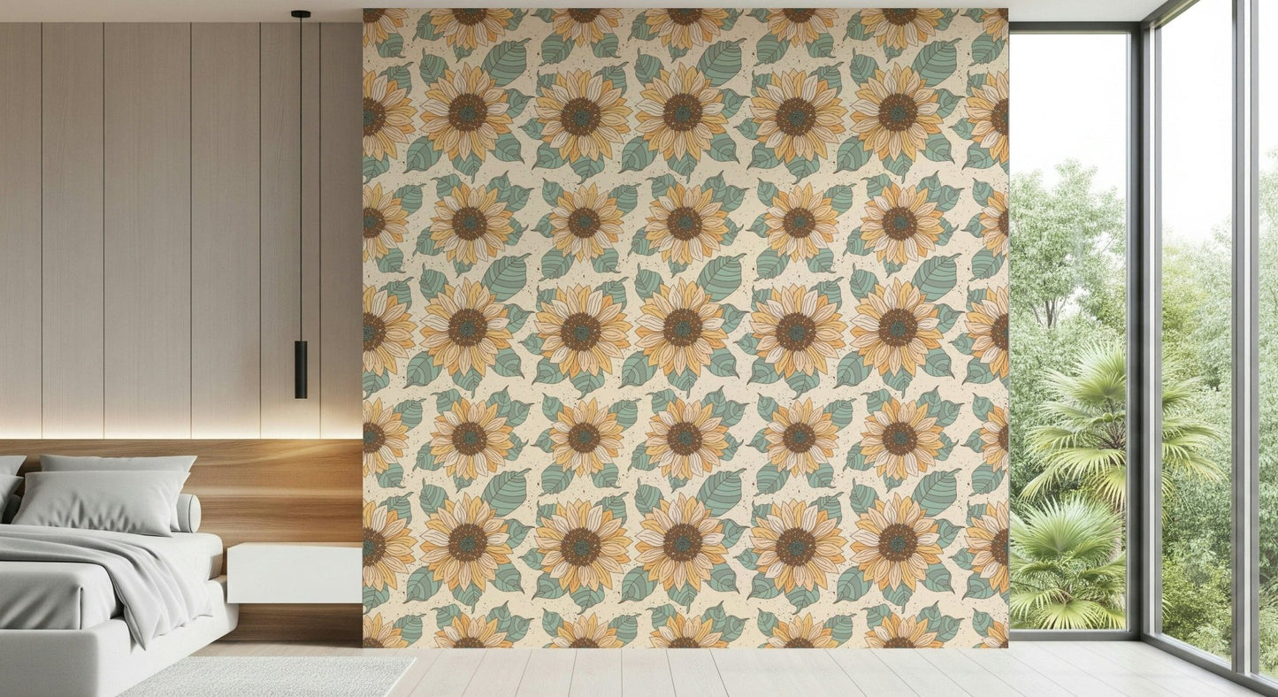 Artistic floral wallpaper mural featuring hand-drawn sunflowers in a repeating layout.