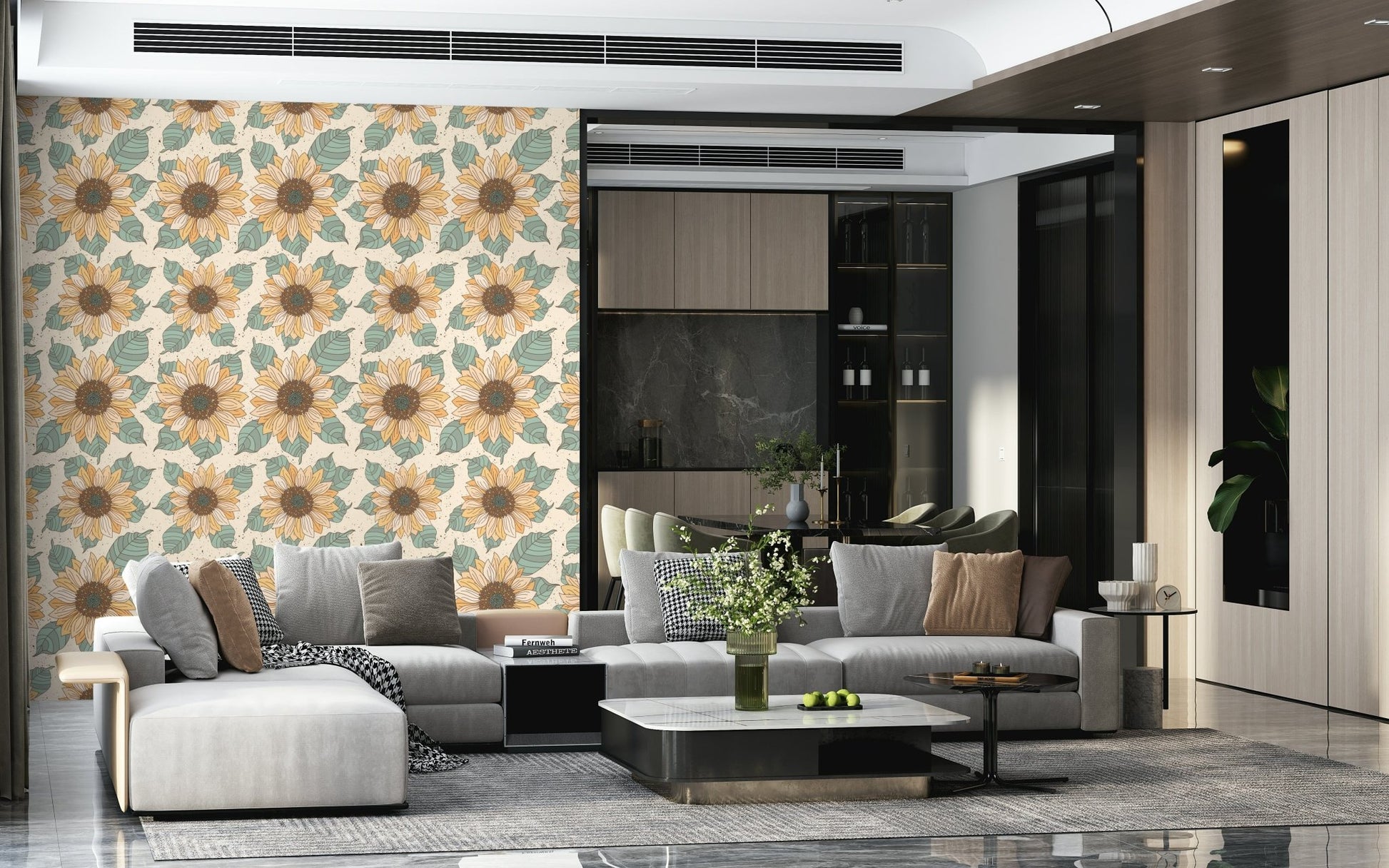 Botanical wallpaper mural showcasing large sunflower clusters arranged in an orderly pattern.