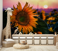 Features large, blooming sunflowers.
