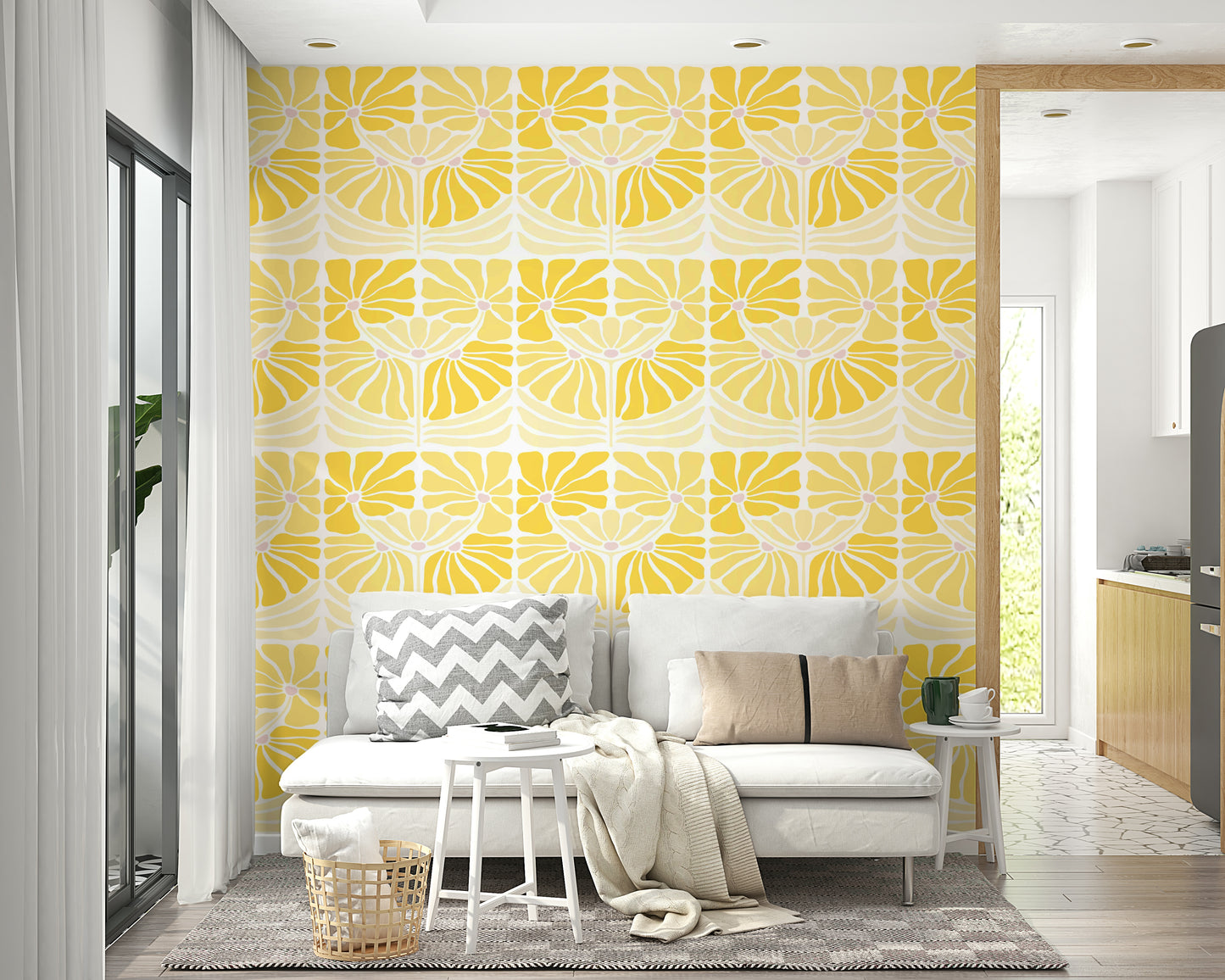 Country-style wallpaper with sunlit daisies

