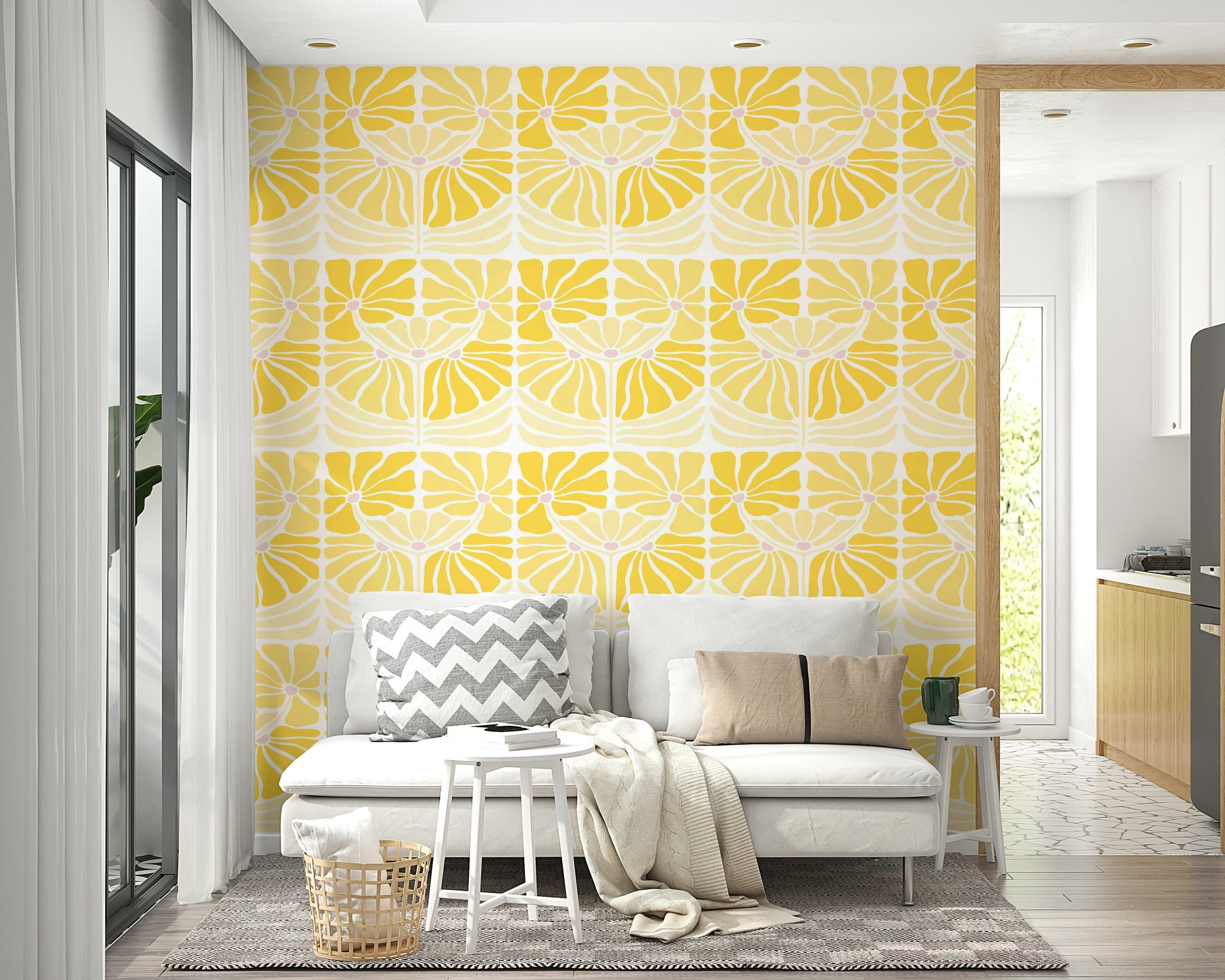 Country-style wallpaper with sunlit daisies

