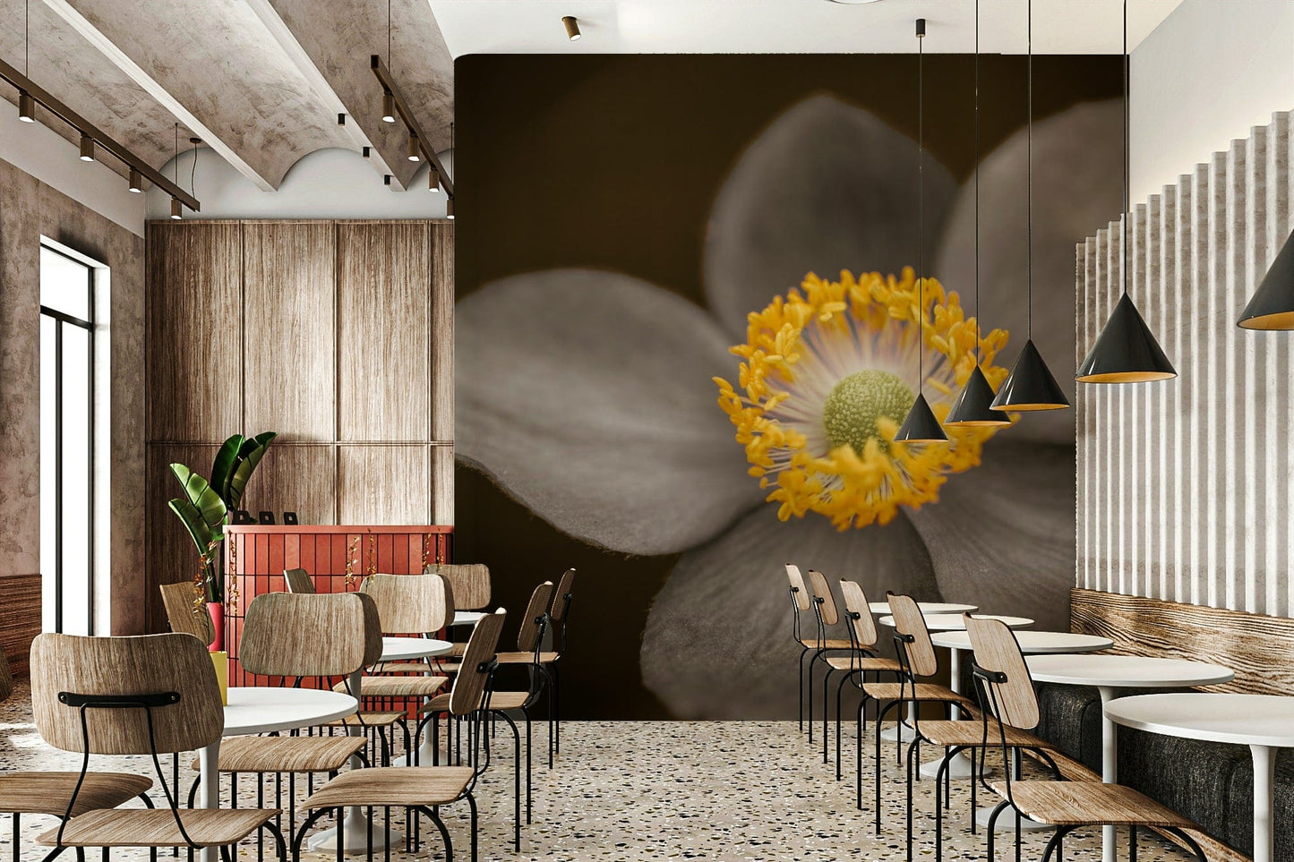 Soft grey petals wall mural with yellow center