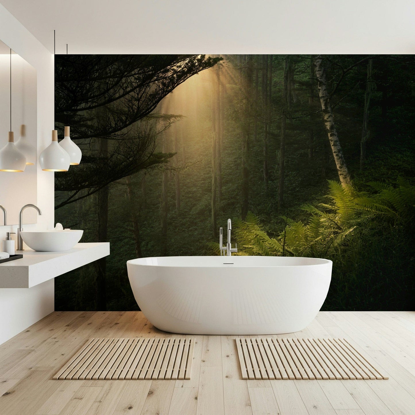 Nature glow wall mural complements luxury bathroom