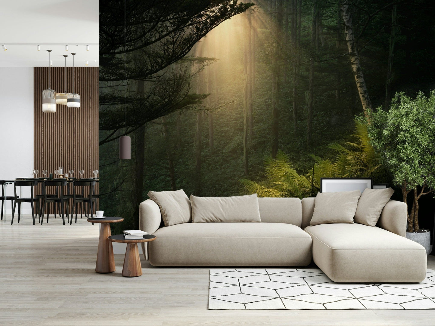 Woodland sunlight wall mural warms stylish sofa area