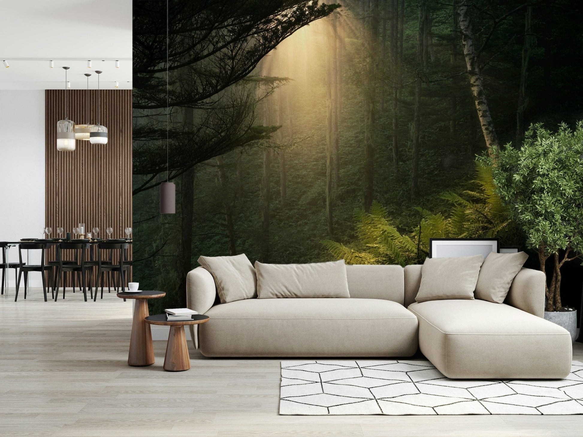 Woodland sunlight wall mural warms stylish sofa area