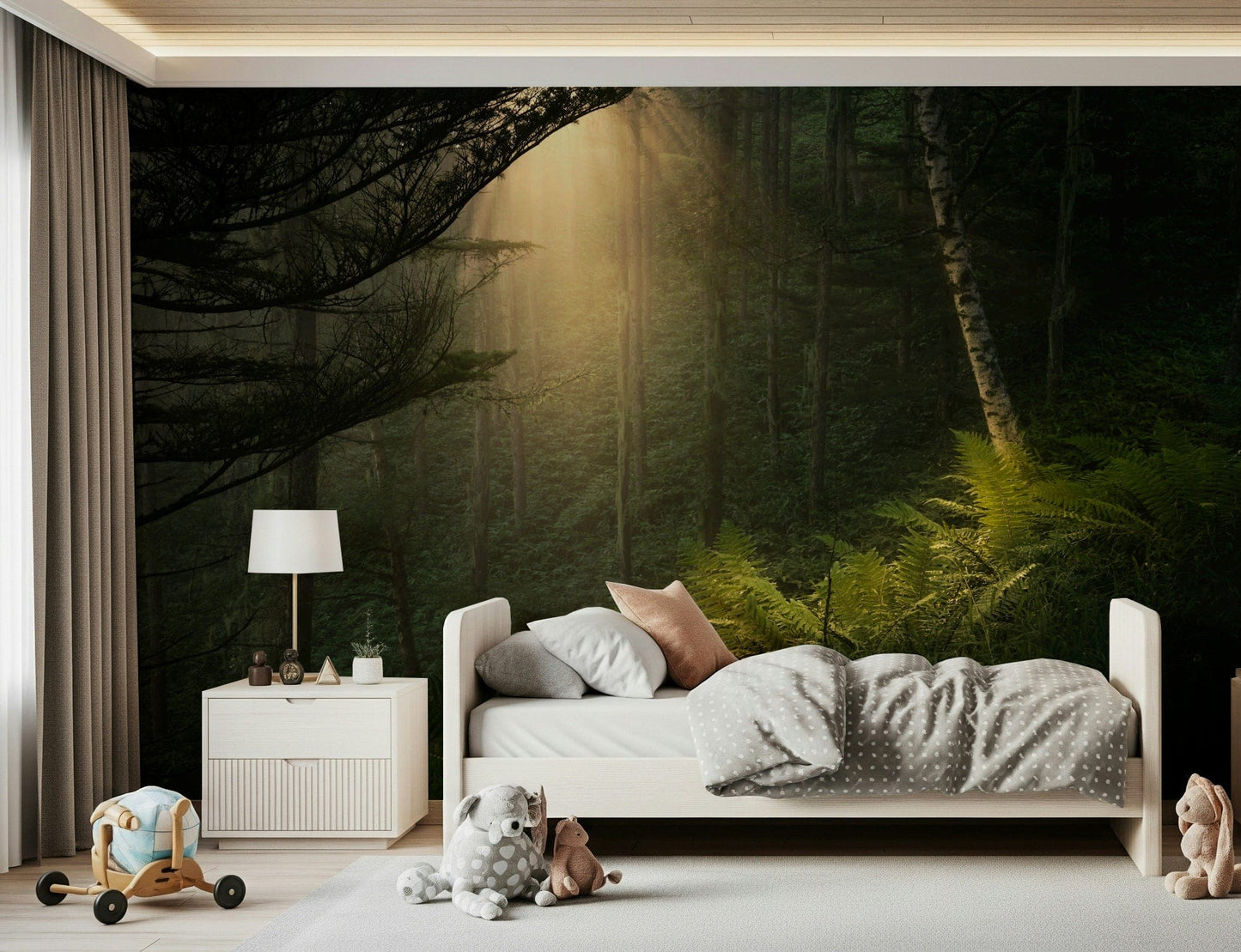 Golden rays wall mural enhances cozy bedroom space