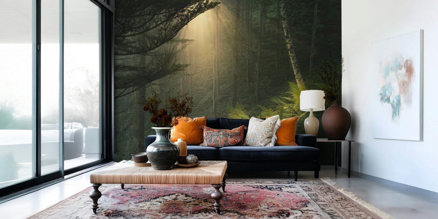 Lush green forest wall mural defines lounge interior