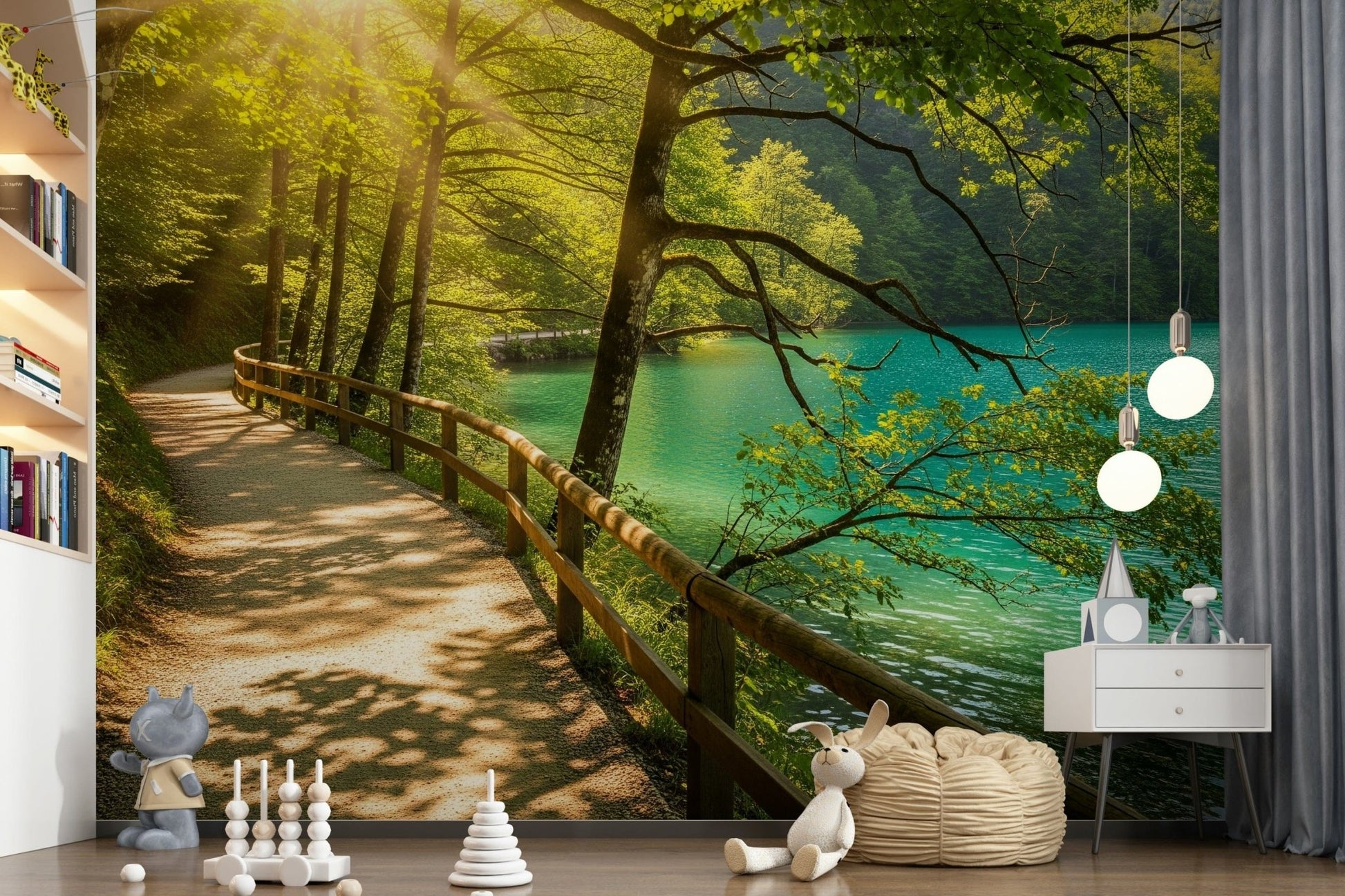 Sunlit Lakeside Path Wall Mural