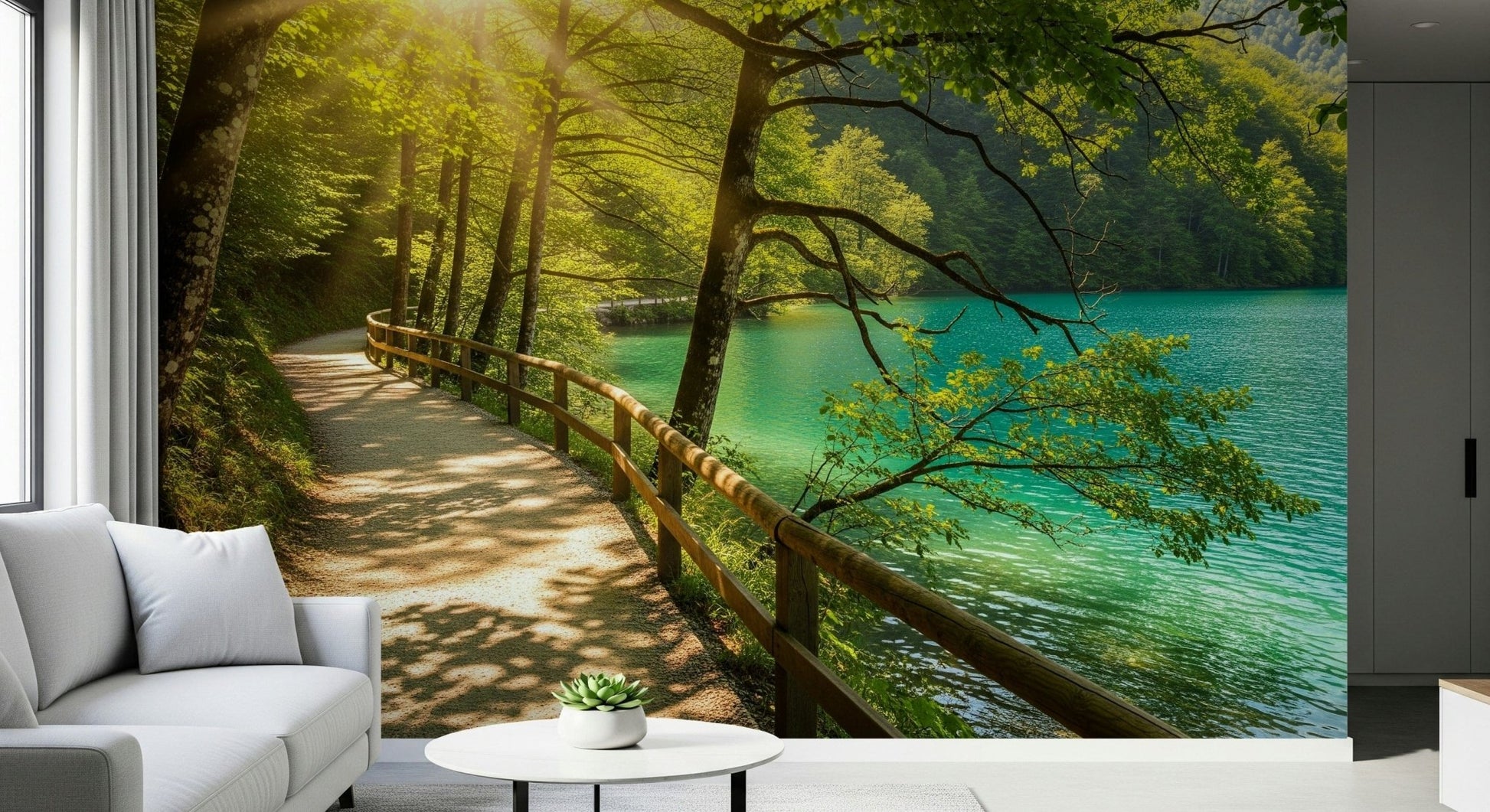 Sunlit Lakeside Path Wall Mural